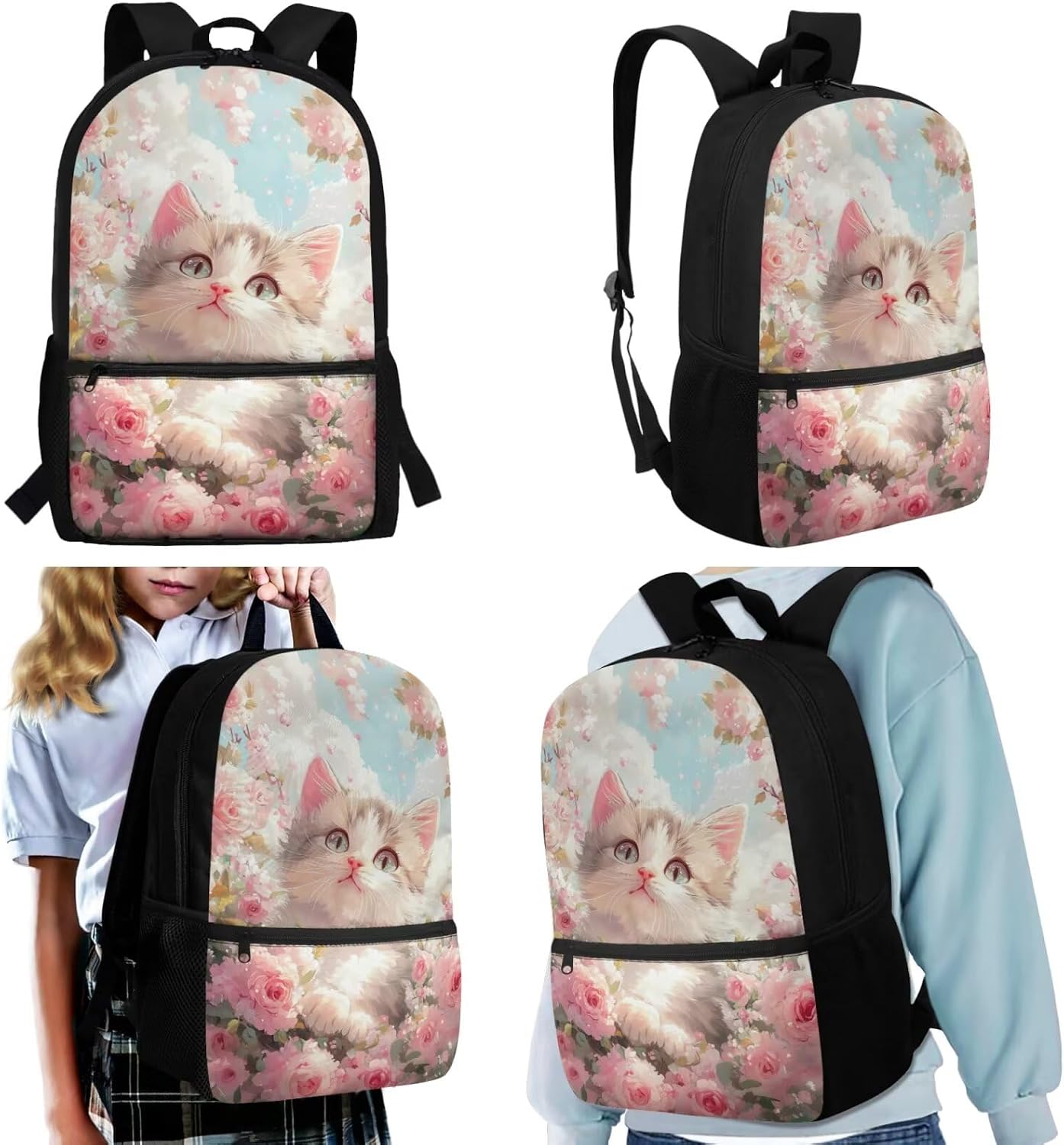 DISNIMO Flower Blossom Cat Preschool Backpack for Girls 6-8 School Bags for Kids with Lunch Bag & Pen Case 4 Pcs Lightweight Bookbag for Elementary Kindergarten Middle High School College Students