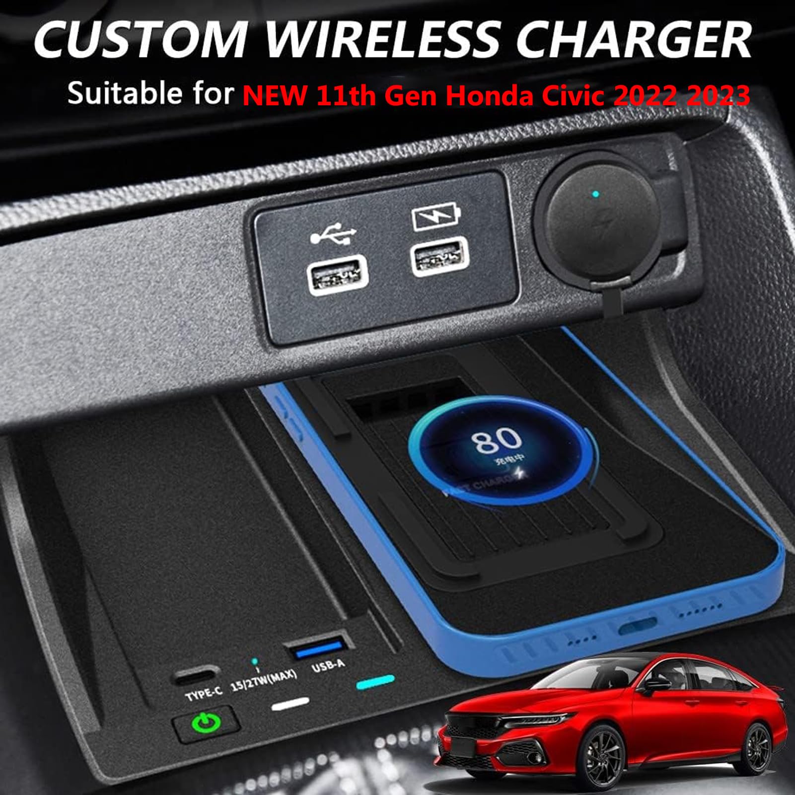 Bezprzewodowa ładowarka Samochodowa do Honda Civic 2022 2023 Akcesoria Bezprzewodowa Podstawka do ładowania Telefonu 15W, Ładowarka Qi do Telefonu