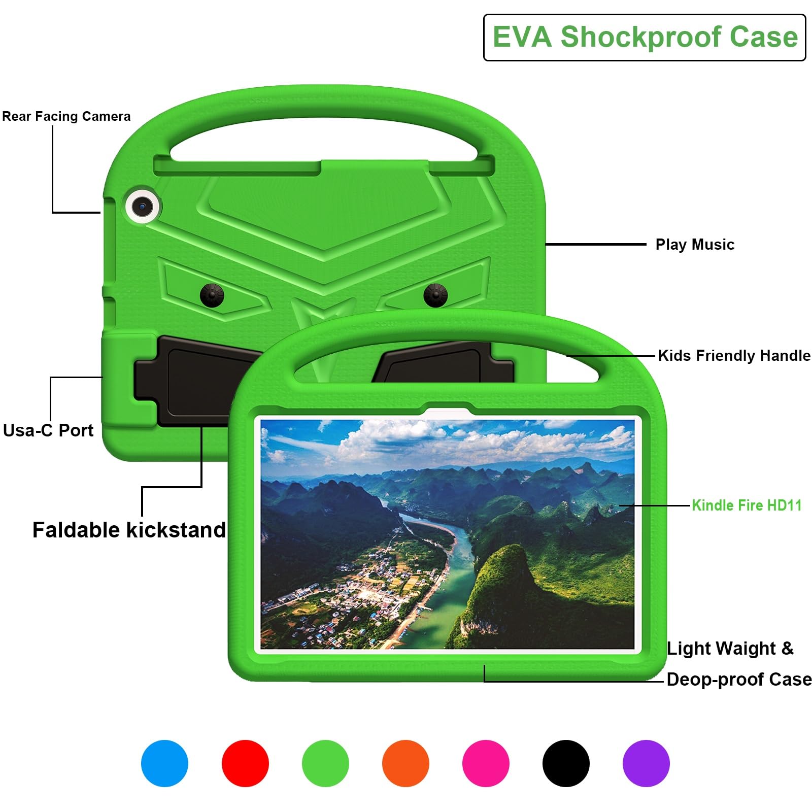 Custodia protettiva per tablet PC compatibile con Kindle Fire HD 11 (2023), custodia per tablet compatibile con bambini, leggera EVA antiurto a prova di caduta, custodia per tablet con manico e