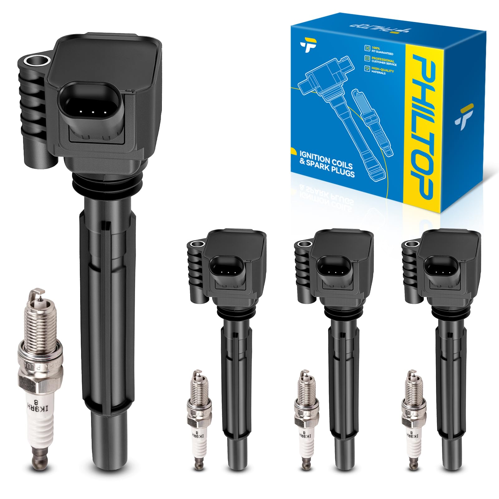 PHILTOP UF673 Ignition Coil Pack and Spark Plug Kit Fit for Dodge Dart | 2013-2016 Dodge Dart 1.4T, 2012-2017 Fiat 500 1.4T_Turbocharged, 4PCS UF673