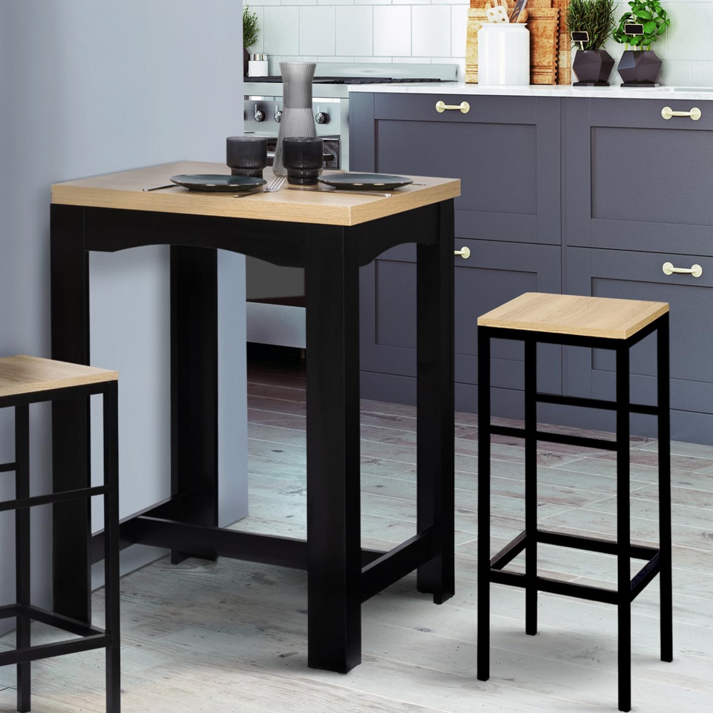 IDMarket - Ausziehbarer Bar-Hochtisch DONA 2-4 Personen schwarz Tischplatte in Buchenoptik 60-120 cm