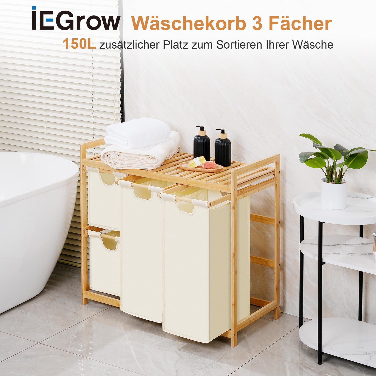 iEGrow Wäschekorb 4 Fächer 150L, Wäschesammler 4 Fächer, Bambus Wäschewagen mit Ablage für Schmutzwäsche, Push-Pull Wäschesack aus Oxford-Gewebe, 2 x 50 L, 2 x 25L Wäschebox Beige