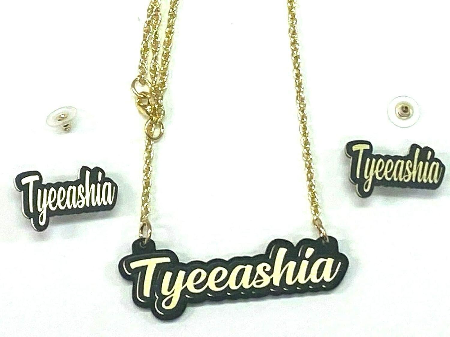 MIRROR MANIA Personalized Matching Necklace With Gold Chain and Post Stud Earrings Made To Order Custom Any Name Color Choice Laser Cut - Great Gift!