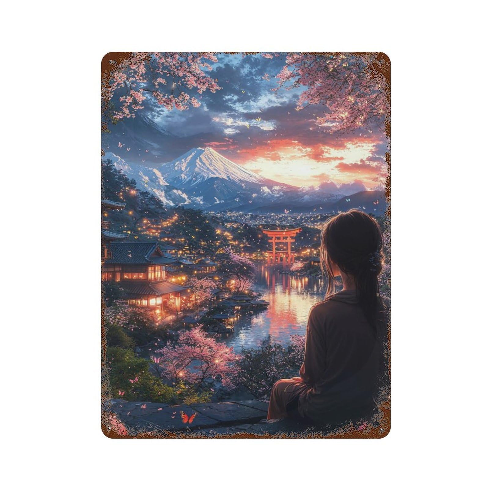Fuji Torii Gate at Sunset Vintage Rust Metal Sign 15.7"x11.8", Ideal for Cafe, Home Bar And Lounge Decor