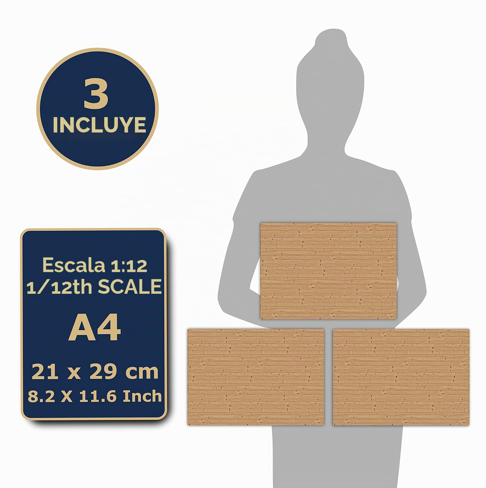 3 hojas de revestimiento de suelo autoadhesivo para casas de muñecas a escala 1:12 (agujeros de madera de roble)