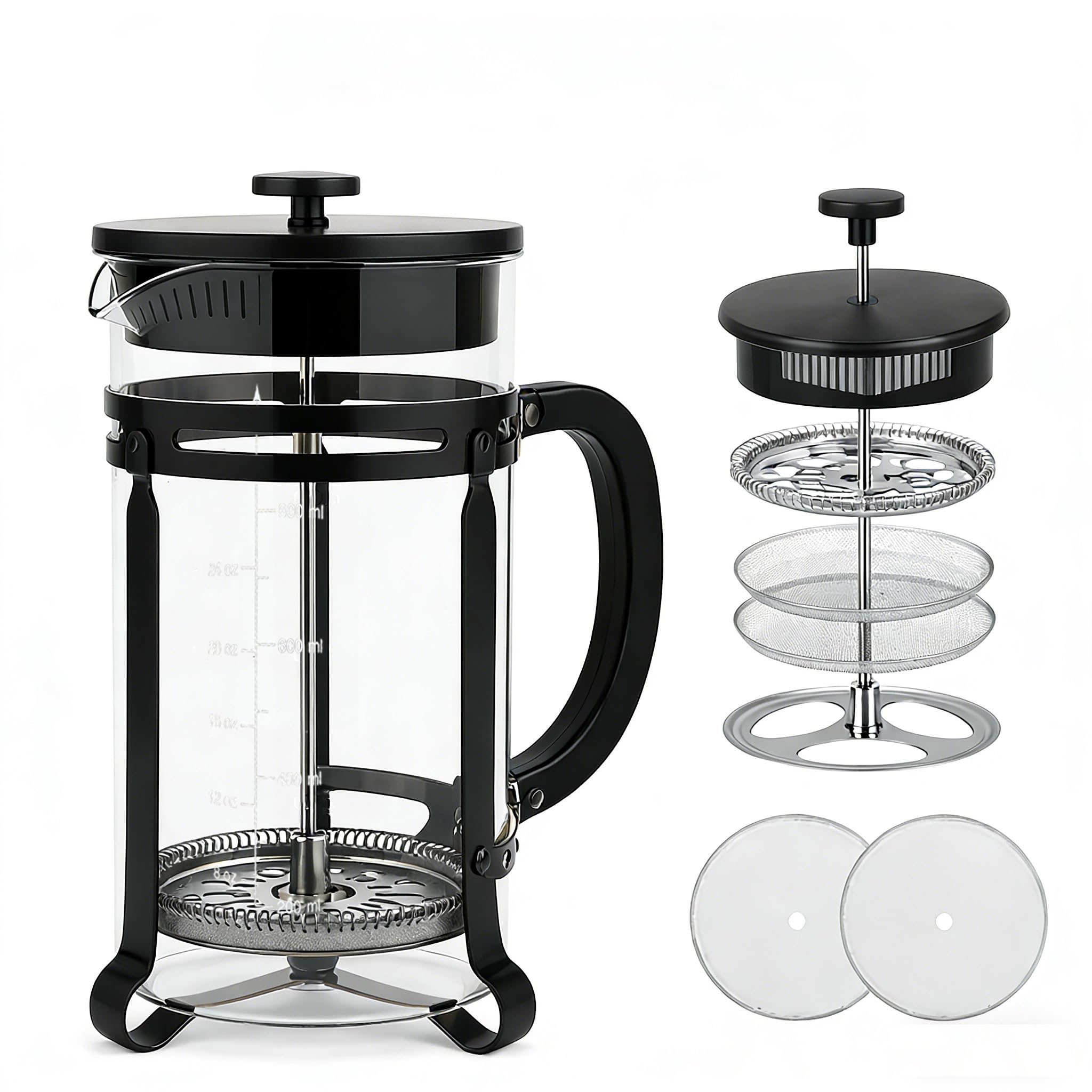 21 oz Black French Press Coffee Maker, Heat Resistant Thick Glass Coffee Press for Coffee, Tea & Cold Brew, Includes Extra Filter