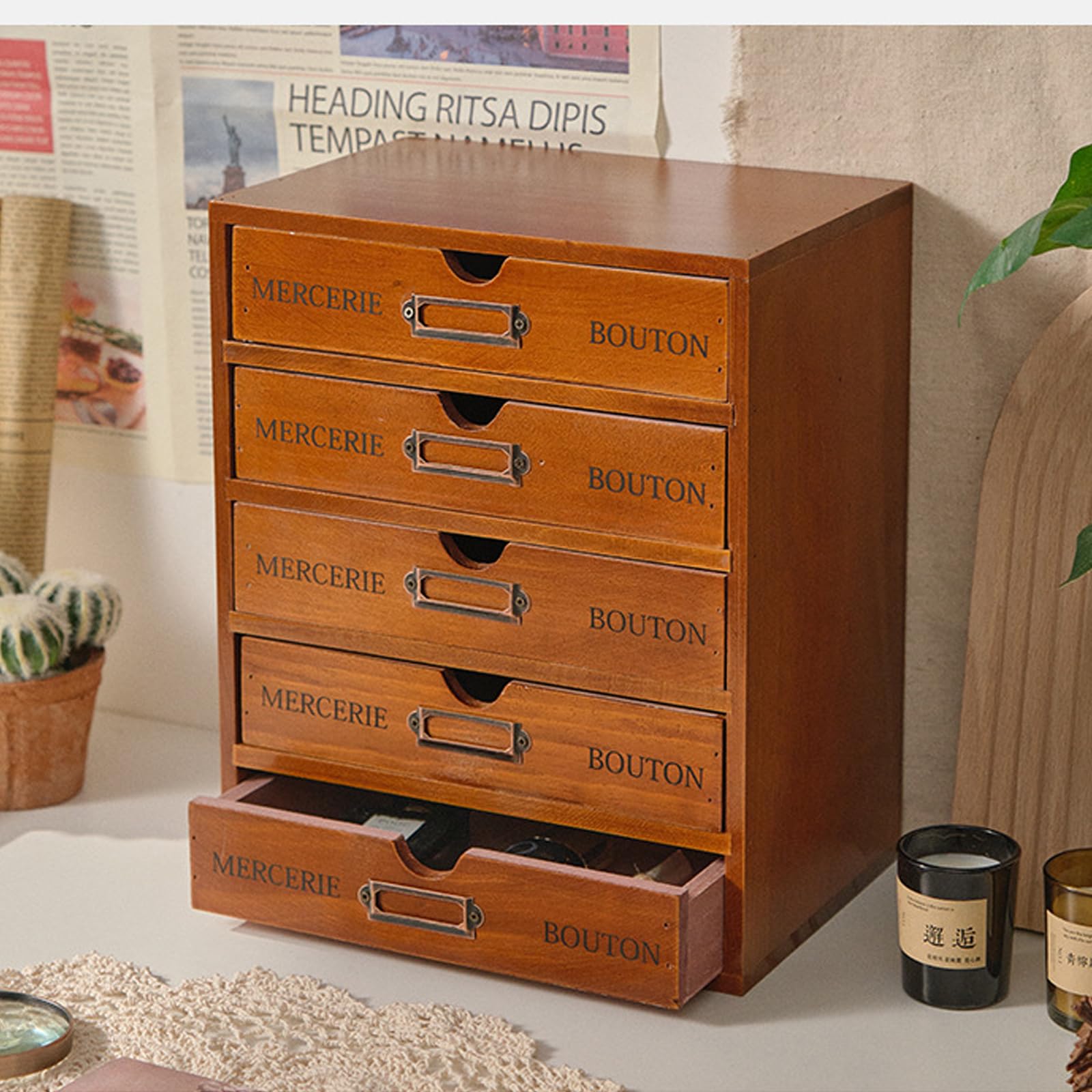 Schreibtisch-Organizer Aus Holz Mit Schubladen – 5-teiliger Apothekerschrank Für Büro Und Zuhause, Organizer Für Make-up Und Ablage Mit Etikettenboxen Brown