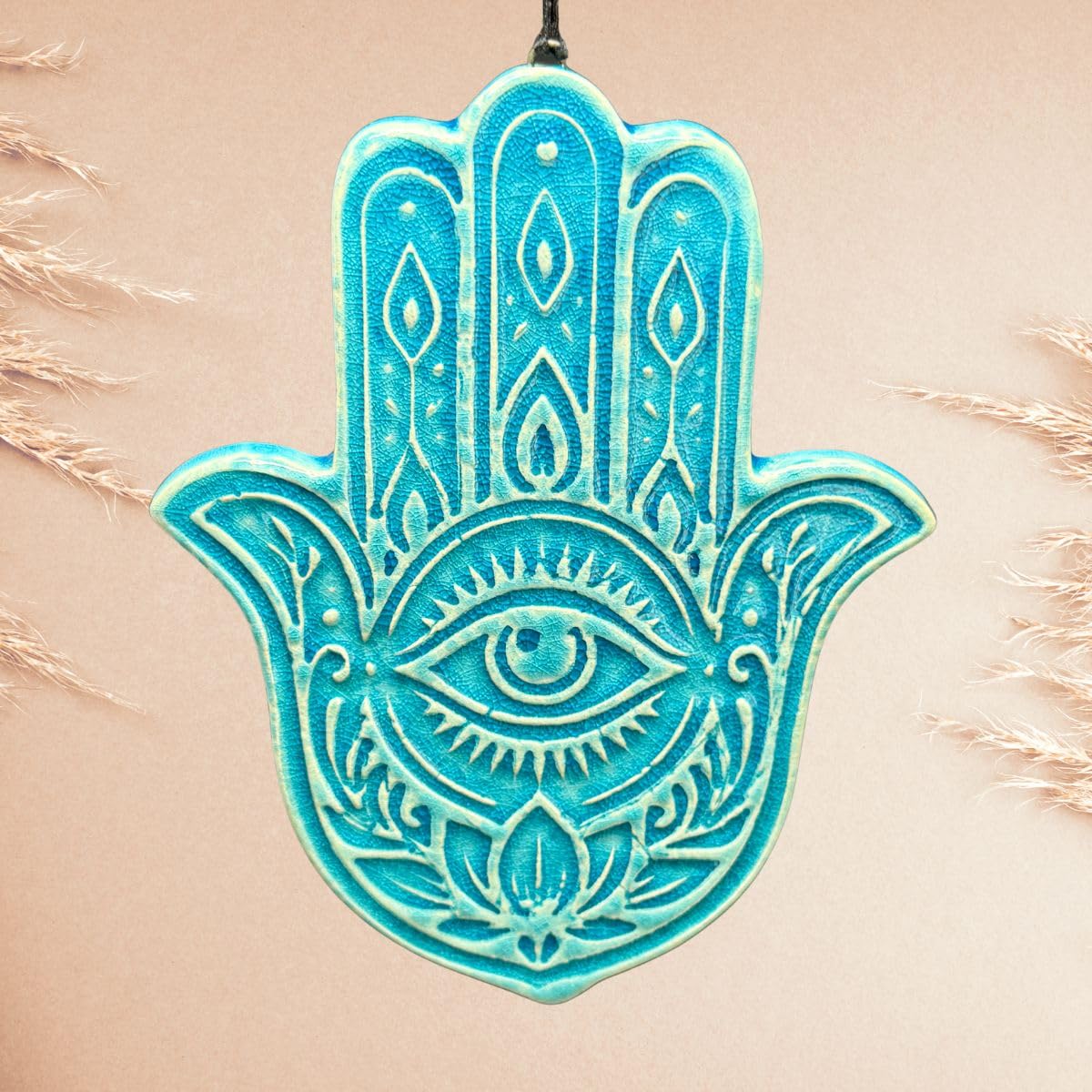 Amulet ceramiczny Hamsa (ręka Fatmy) - amulet chroniący przed złą energią, osobista ochrona wibracyjna (turkusowa zieleń)