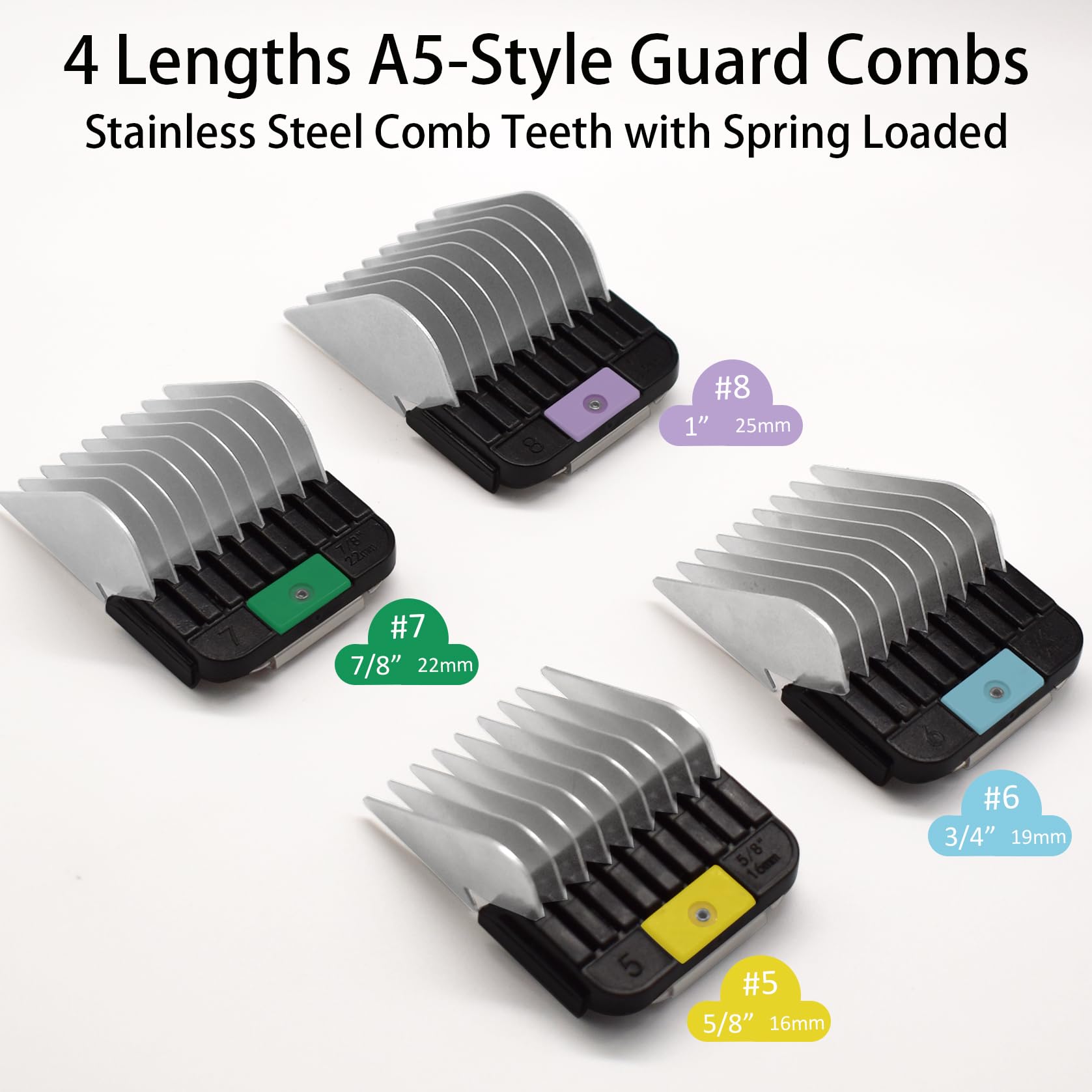 Lot de 4 peignes de protection en acier inoxydable pour toiletteurs d'animaux de style A5, 1,6 cm, 1,9 cm, 2,2 cm, 2,5 cm, compatibles avec les tondeuses Wahl KM Series Andis AG BG Oster A5 A6