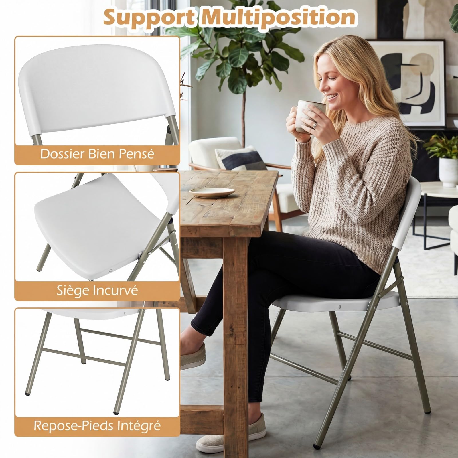 COSTWAY Chaises Pliantes Interieures en Plastique Lot de 6, Cadre Métal Robuste, Chaises Bureau Confortable pour Salle à Manger, Réception, Extérieur, Charge 150 KG (Blanc)