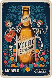 Modelo Beer Skeleton Mariachi Vintage Mexican Metal Sign Print Aesthetic Room Decoration for Home Bedroom Kitchen Bar Dorm Bathroom Wall Decor 8 x 12 Inch