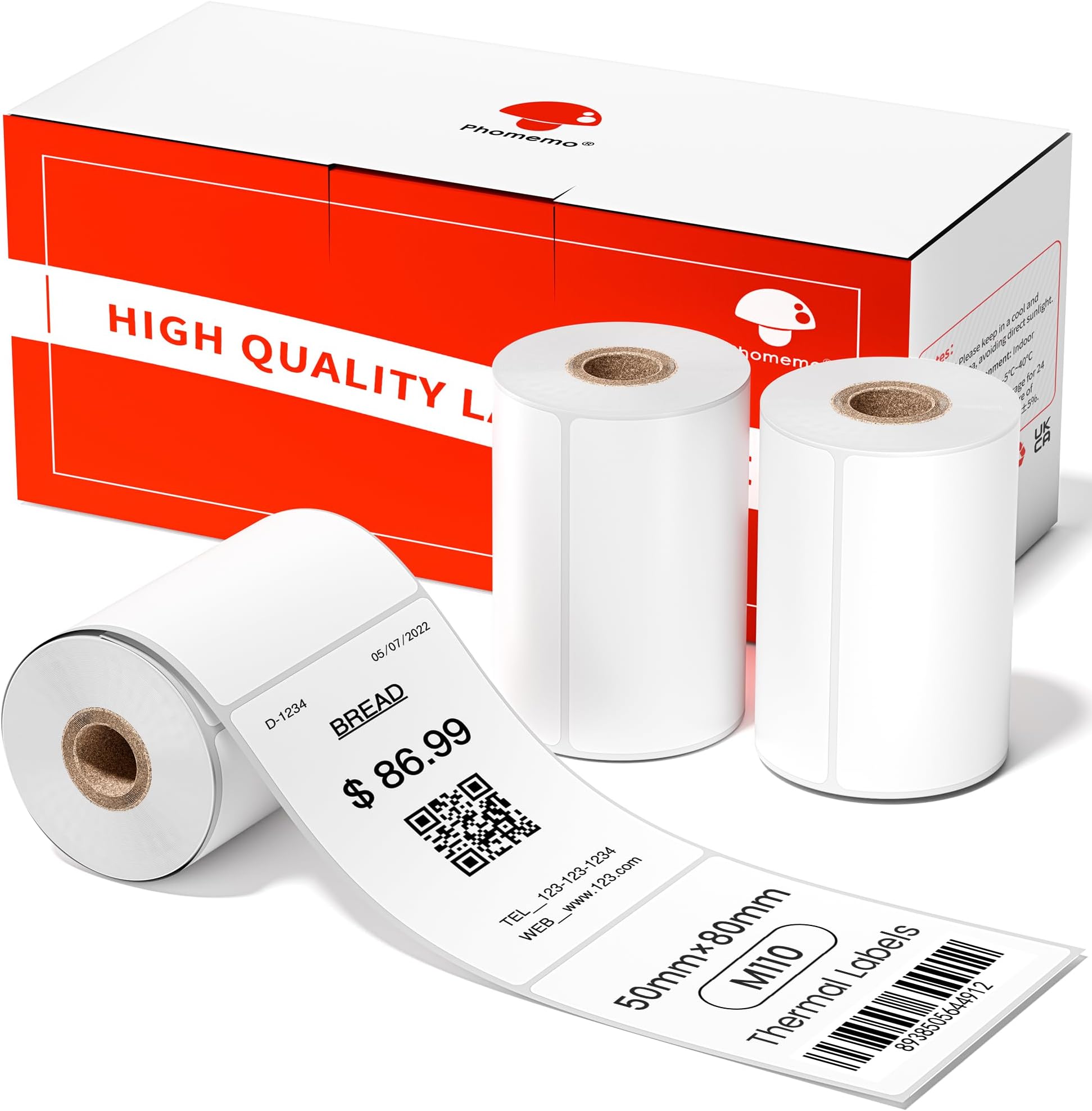 Phomemo Labels - Phomemo M110 Labels for M220/ M100/ M250/ M102/M221/M200/M108 Label Maker, 1.97"x3.15"(50x80mm), M110 Thermal Label 3Rolls, Sticker 100 Labels/Roll, Square, Black on White