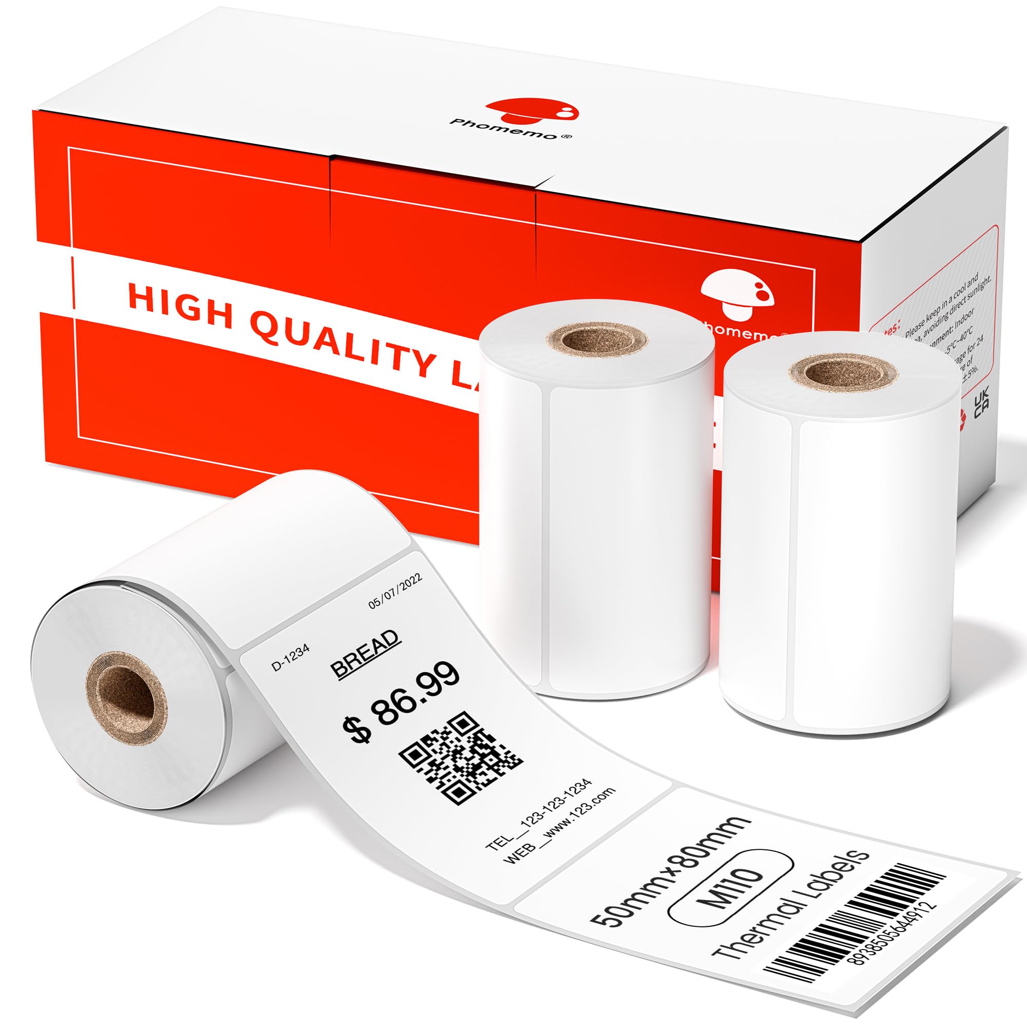 Memoqueen Labels Paper for Phomemo M110/M120/M200/M220 Label Maker, Self-Adhesive Rectangle Labels, 3 Rolls 1.97"x 3.15"(50x80mm) Thermal Sticker Label Paper for Kitchen, Office, Study, 100labels/roll