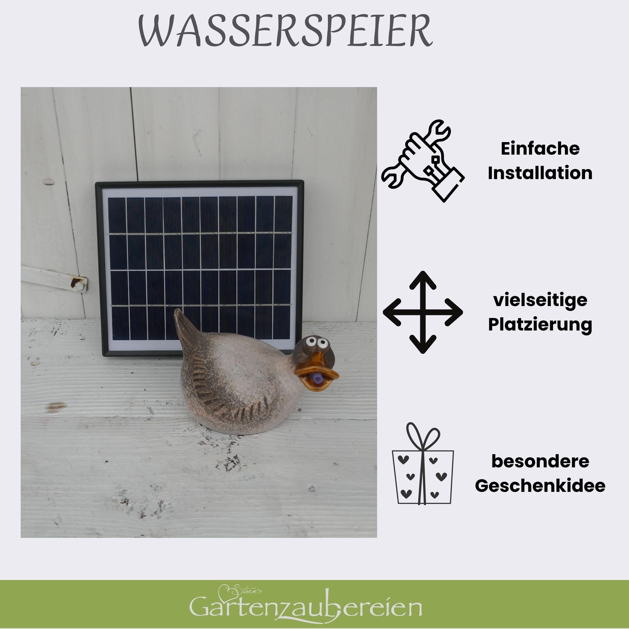 Storm's Gartenzaubereien Solar-Wasserspeier mit Akku-Pumpe Ente für Teiche & Miniteiche - Keramik Tierfigur - Garten & Balkondeko, Solarbrunnen