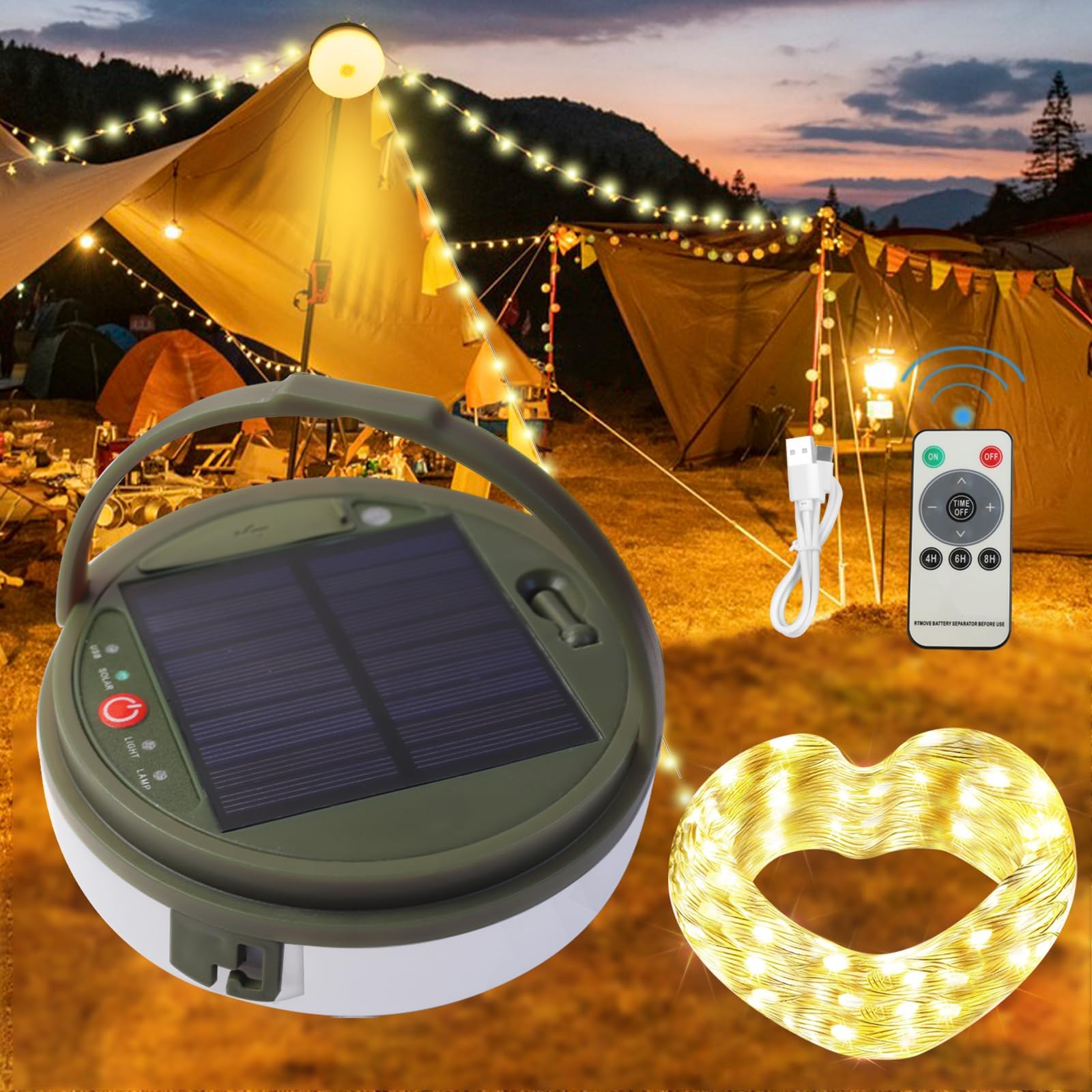 MQUPIN Solar Camping String Lights, 39.4 Ft Ultra Outdoor String Lights with 8 Lighting Modes, Solar Power and USB Rechargeable with Remote Control, Waterproof Portable Camping Lights for Yard Hiking