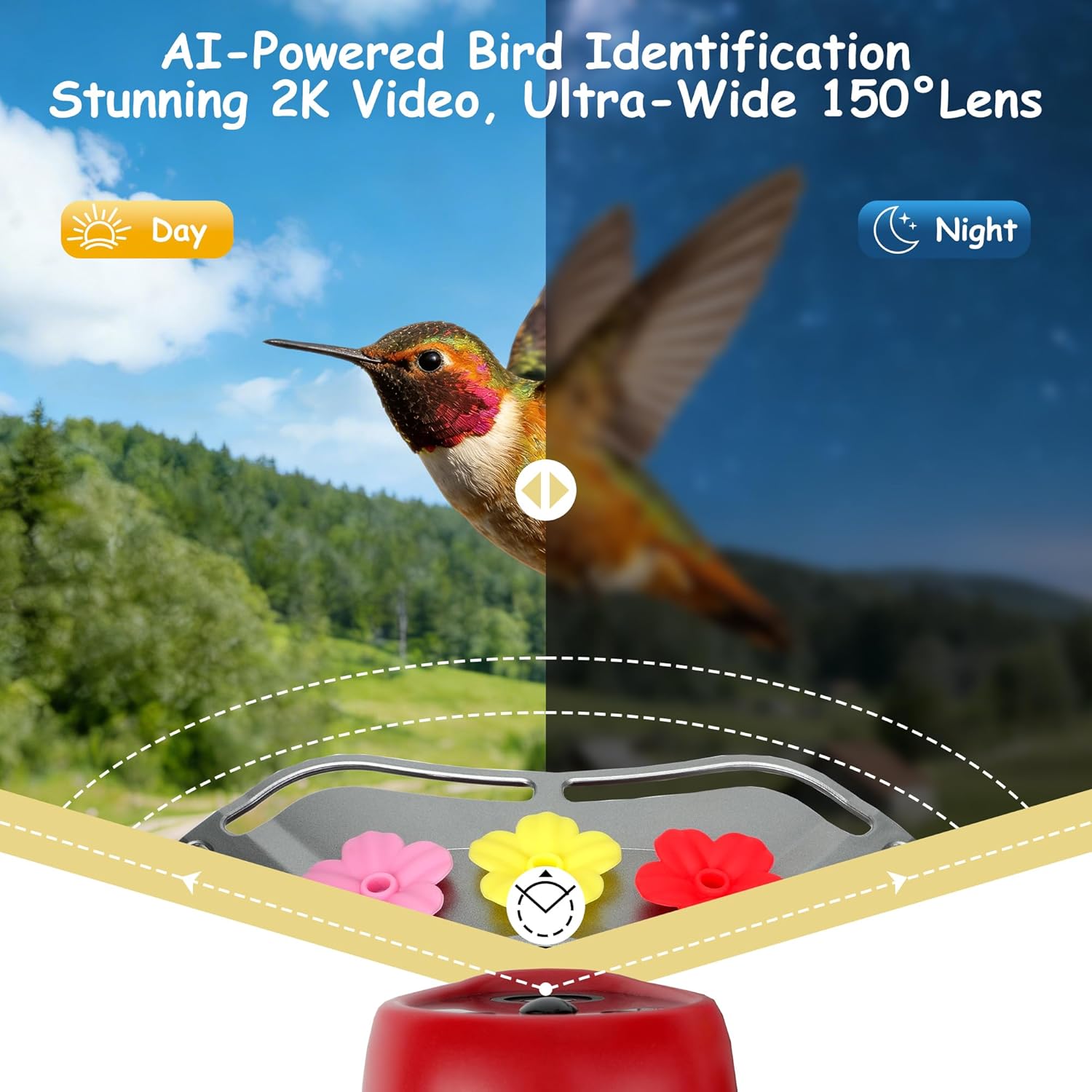 2K Solar Powered Hummingbird Feeder with Camera, AI Identify, Water Monitoring, Instant App Alert, Auto Recording, TF Card Included, Leak-Proof Ant & Bee Proof Outdoor Bird Feeder