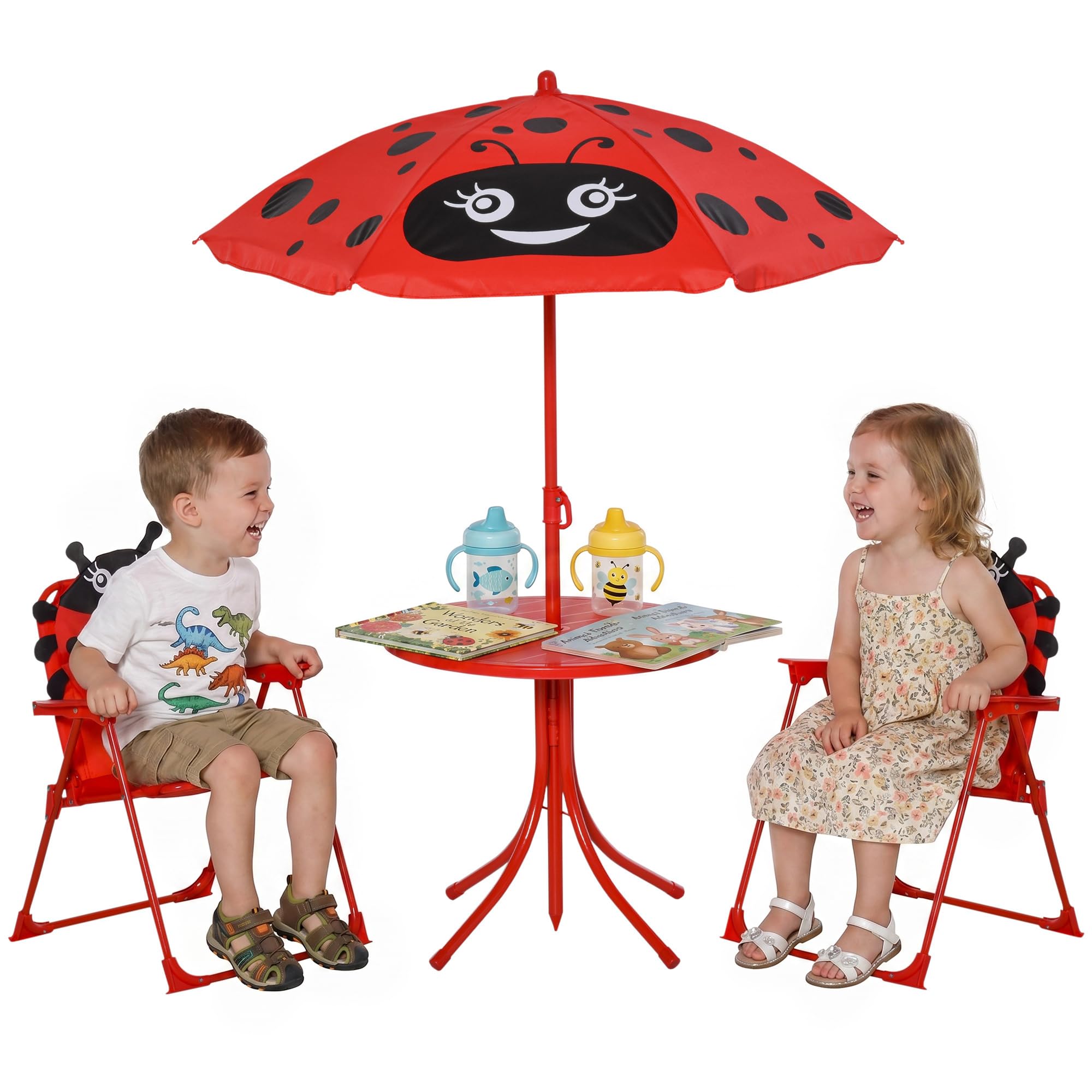 Outsunny Ensemble Salon de Jardin Enfant 4 pcs Design Coccinelle - Table Ronde + 2 chaises Pliables + Parasol - métal époxy Oxford Rouge