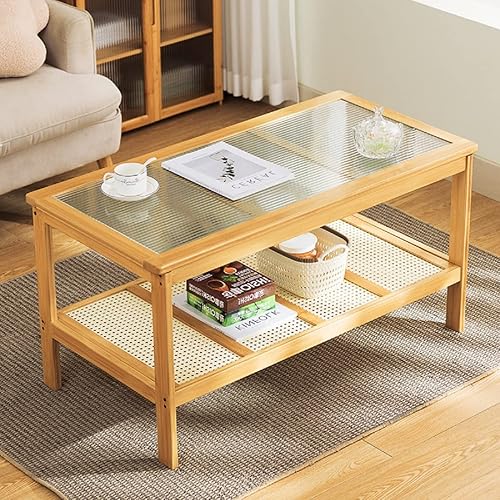 Miniatura 8 de Gdrasuya10 Mesa de centro de bambú moderna de mediados de siglo, mesa auxiliar rectangular de 2 niveles, mesa auxiliar bohemia para sala de estar,