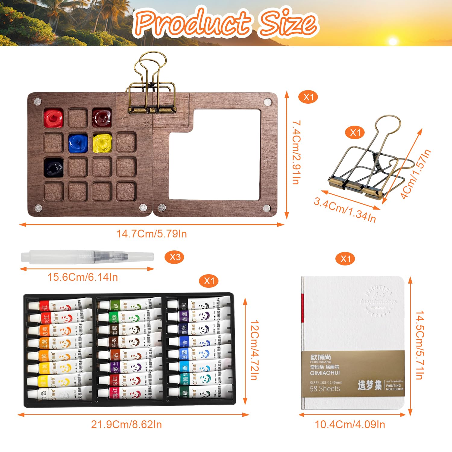 Tavolozza per Dipingere Wet Palette con 1 Quaderno Portatile per Schizzi ad Acquerello, 3 Pennello ad Acqua, 24 Acquerello 1 Clip in Metallo, Adatta L'acquerello,Pittura ad Olio e Gli Schizzi