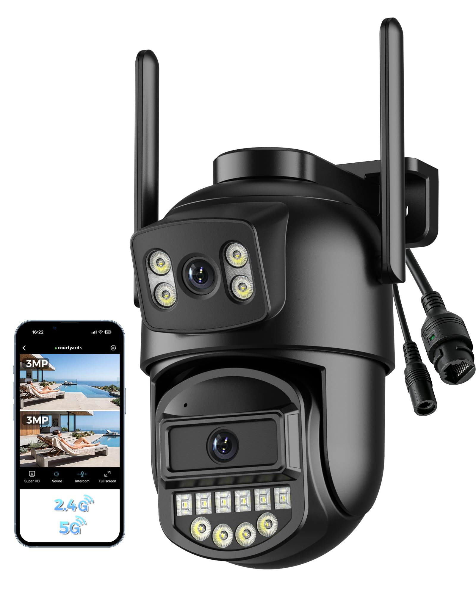 ANBIUX Telecamera Wi-Fi Esterno,Doppio Obiettivo 2K,2.4/5Ghz,Ethernet,360°PTZ,Visione Notturna,Audio Bidirezionale,Rilevamento Persone,Cavo per patii/giardini/garage,IP66