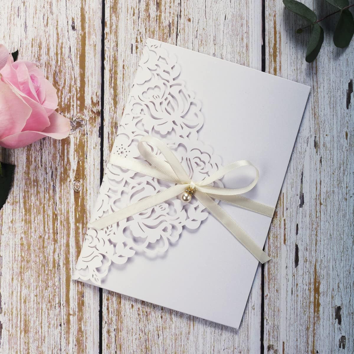 50PCS White Blank Quinceanera Invitation Cards with Envelopes 5x7.3 Inch Laser Cut Hollow Rose Pocket with Ribbon invitations for Quincenera Birthday Invite