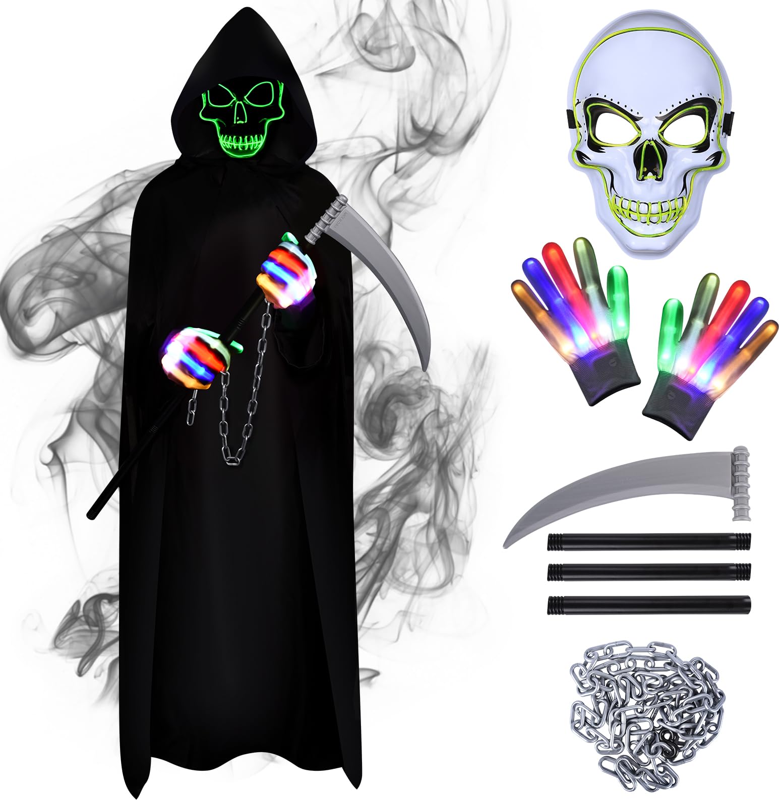 Aragallant Costumi Halloween, Mantello con Cappuccio Halloween, Morte Costume di Halloween con Falce, Maschera Scheletrica Luminescente, Guanti Luminescenti e Catena, Cosplay Carnevale Feste Costumes