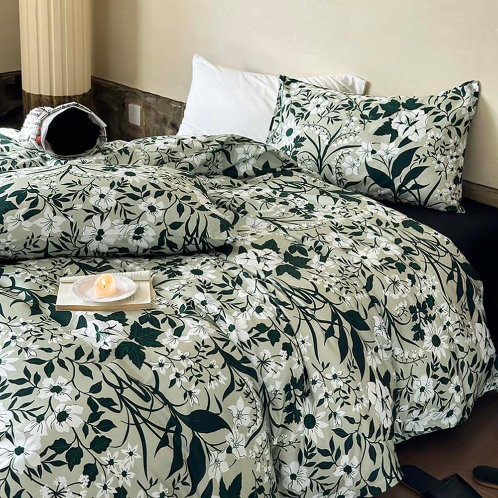 Covebett Cotton Duvet Cover Set Single Size Green Floral Leaf Botanical Pattern Bedding Set 2pcs, 1 Elegant Aesthetic Quilt Cover 135x200 with Zipper Closure and 1 Pillowcase 50x75cm โ image 1
