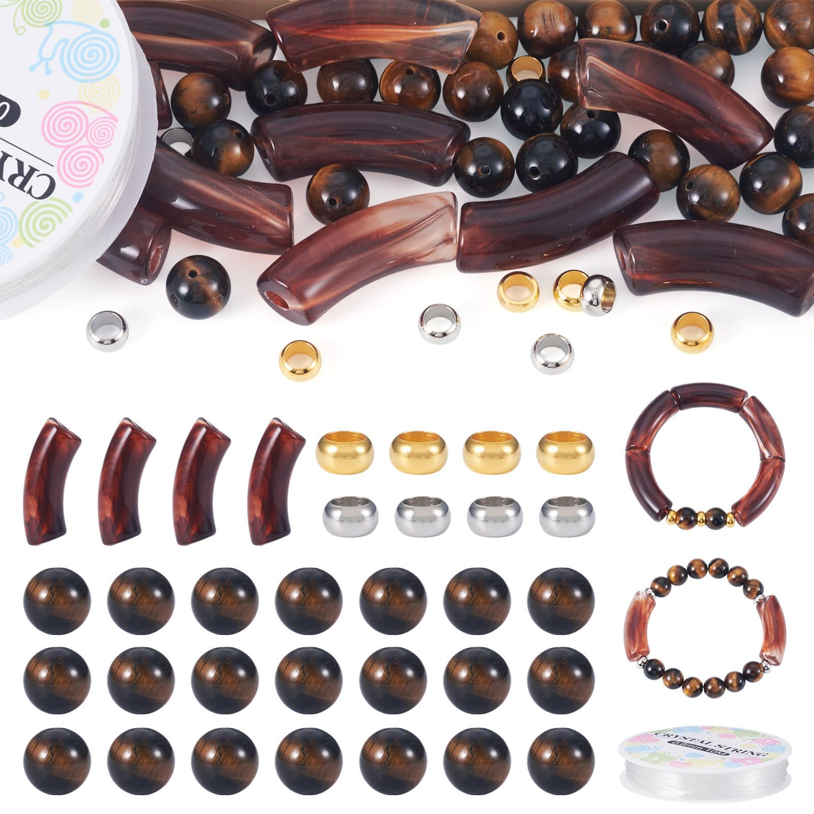 Spritewelry 10Pcs Acrylic Curved Tube Beads DIY Jewelry Bracelet Kit 30Pcs 10mm Tiger Eye Beads 10Pcs Brass European Spacer with Elastic Thread