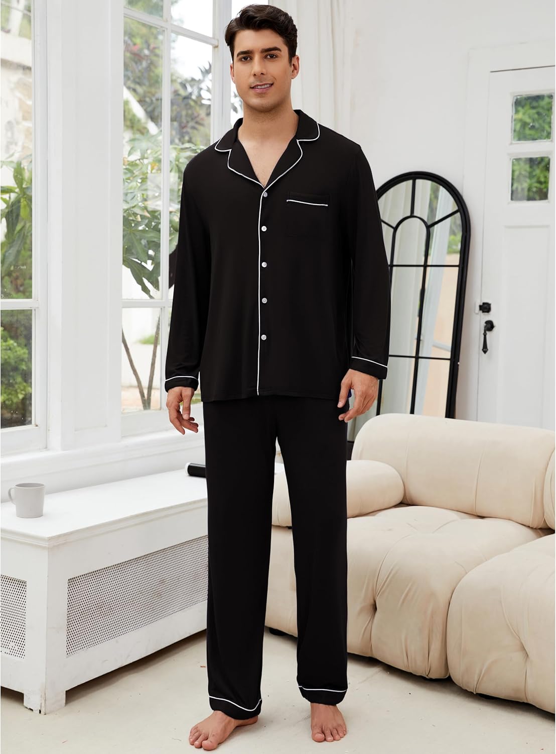 Veseacky Mens Pajamas Set Long Sleeve Soft Pajamas for Men Button Down Sleepwear Pjs Lounge Sets with Pockets S-2XL - Image 4