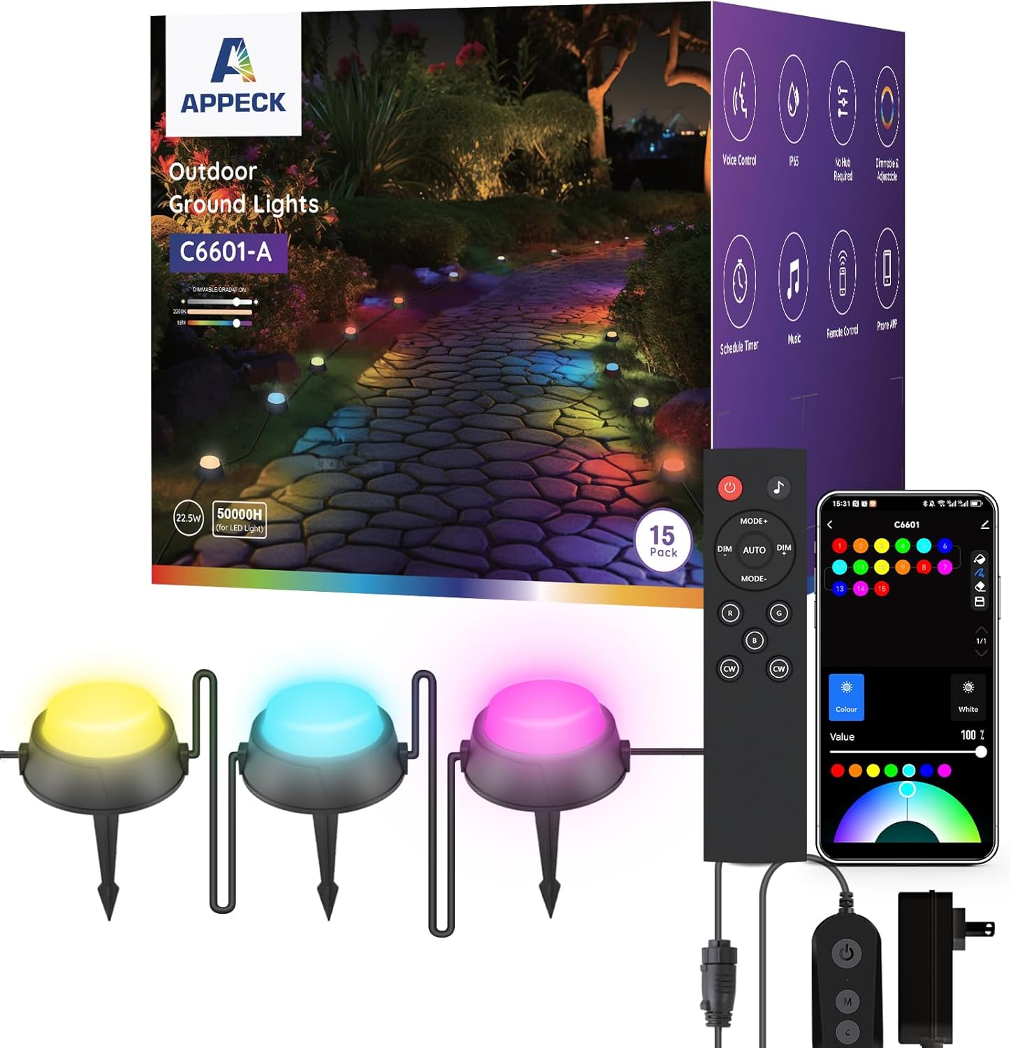 APPECK Smart Outdoor Ground Lights 15 Pack, 32FT RGBW Color Changing Pathway Lights Wired, IP65 Waterproof Landscape Lighting, for Path Yard Lawn Patio Holiday Party Decor, with App & Alexa Control