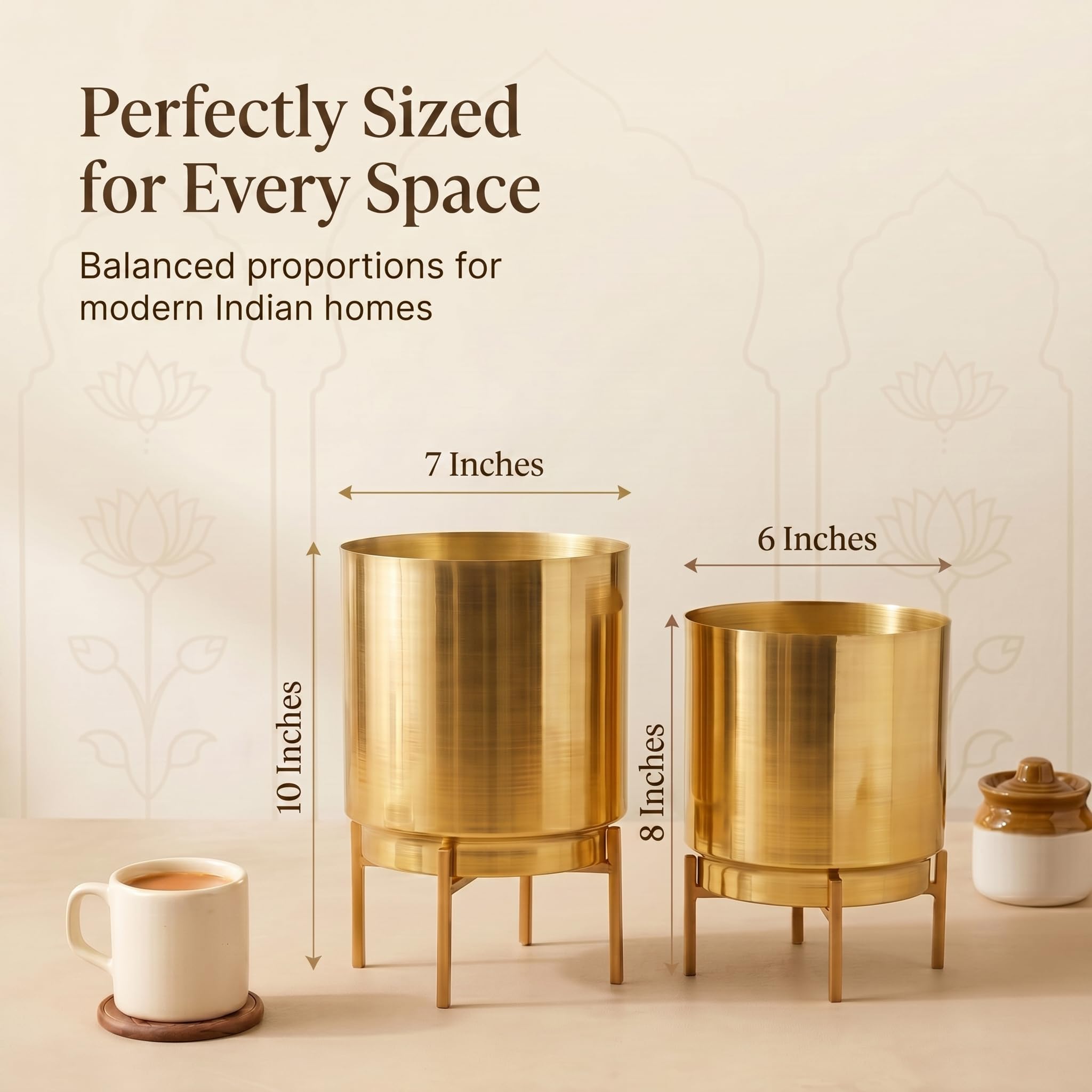 HomeShastra® Ember Gold Metal Planter Set with Stand | 10 Inch & 8 (Height) by 7 Inch & 6 Inch (Dia) | Planters for Living Room, Bedroom Dec (Set of 2) 1