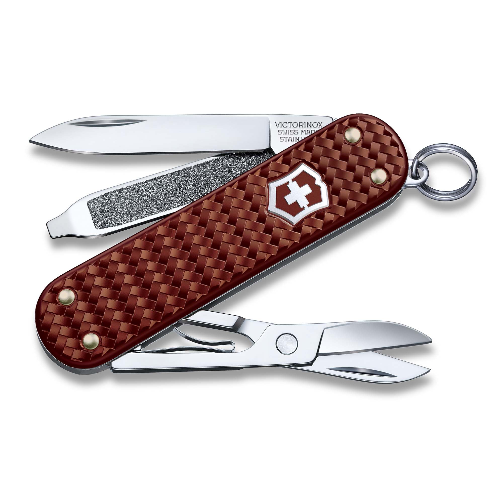 Classic SD Precious Alox Swiss Army Knife, Compact 5 Function Swiss Made Pocket Knife with Small Blade, Screwdriver and Key Ring - Hazel Brown