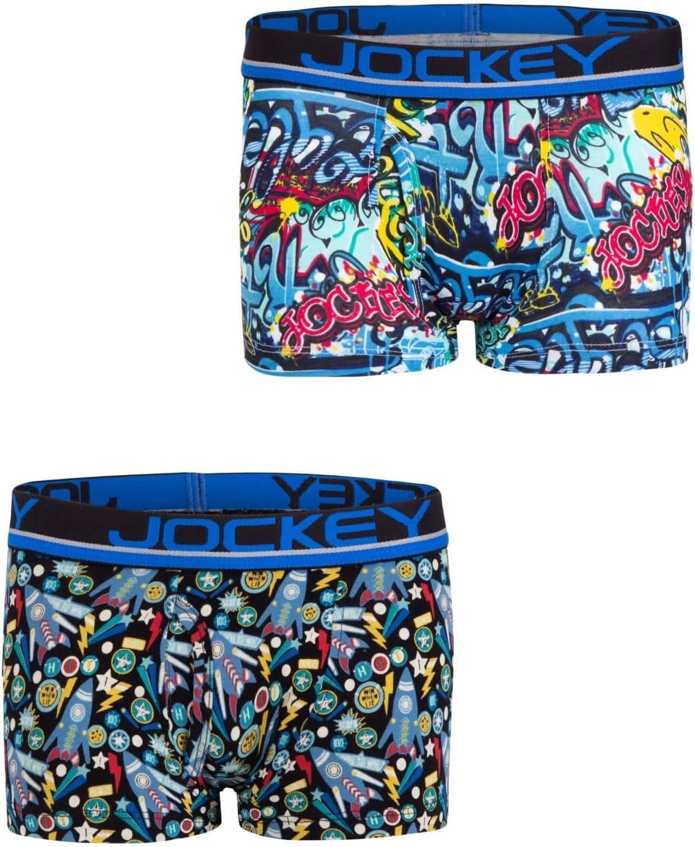 Jockey PB03 Boy's Super Combed Cotton Elastane Stretch Printed Trunk with Front Open Fly and Ultrasoft Waistband (Pack of 2_Colors & Prints May vary)