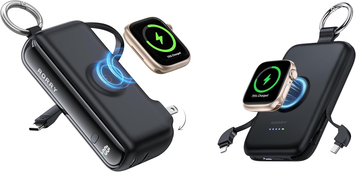 RORRY Flow Portable Charger 40W CharmGo Power Bank 20W Fast Charging 10000mAh with Built-in USB C Cable and Foldable Wall Plug, Battery Pack Travel Essentials for iPhone Apple Watch, iPad