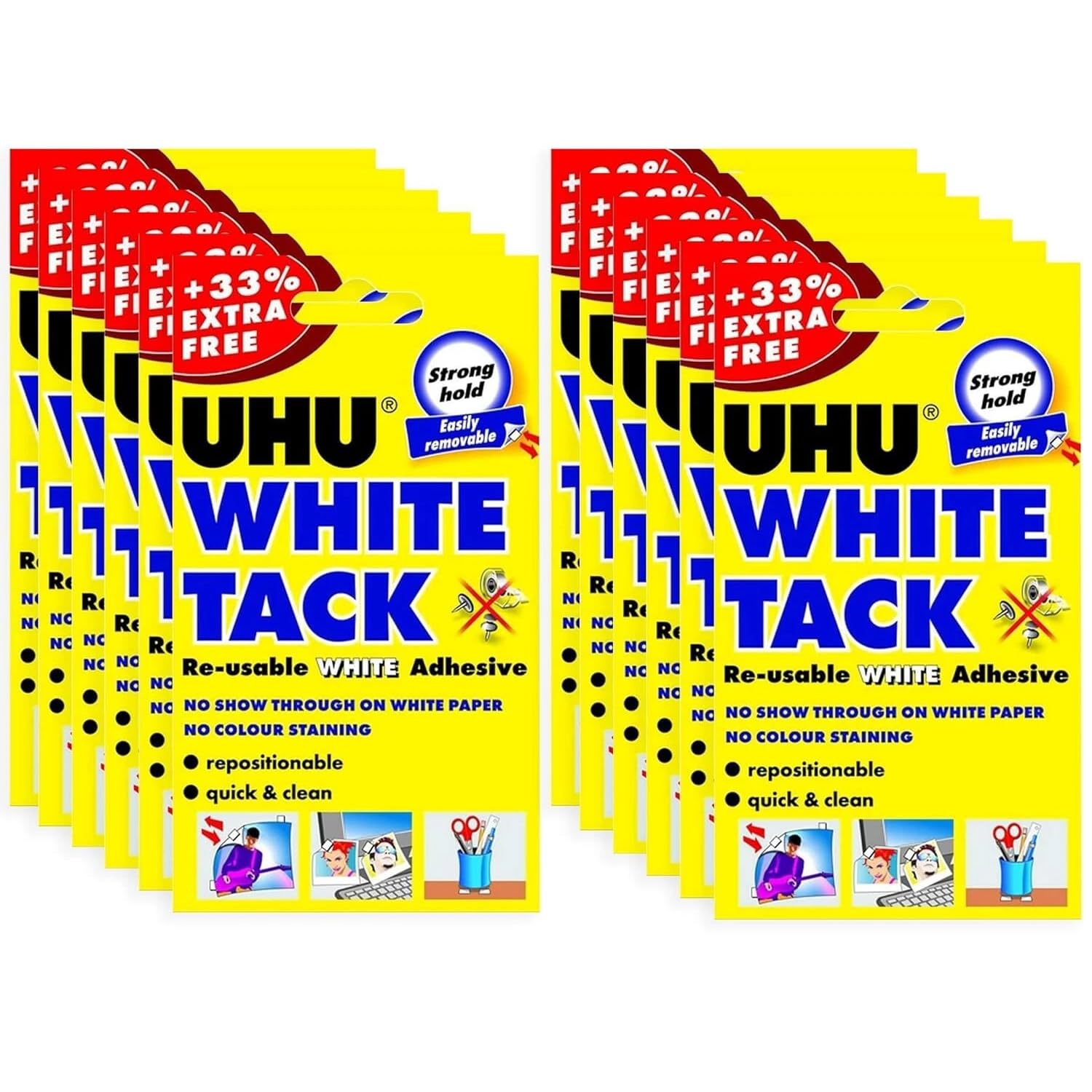 UHU White Tack - Sticky Reusable Adhesive Putty - Bulk Pack of 24