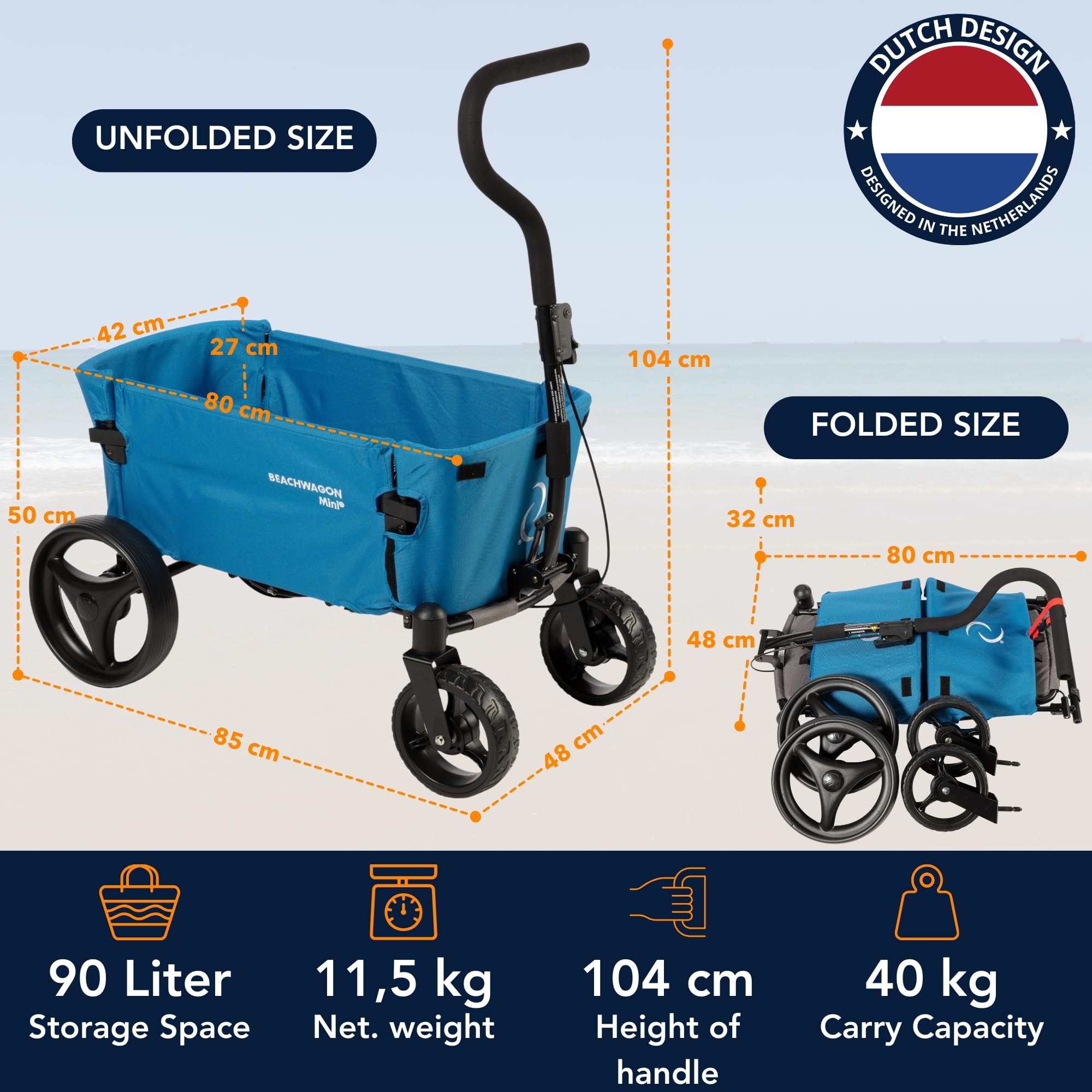 Beach Wagon Carrello con Ruote Pieghevole MINI Combideal 40 kg, Carrello Spesa Compatto e Leggero con Tettuccio, Carrello da Spiaggia, Giardino e Campeggio, Azzurro