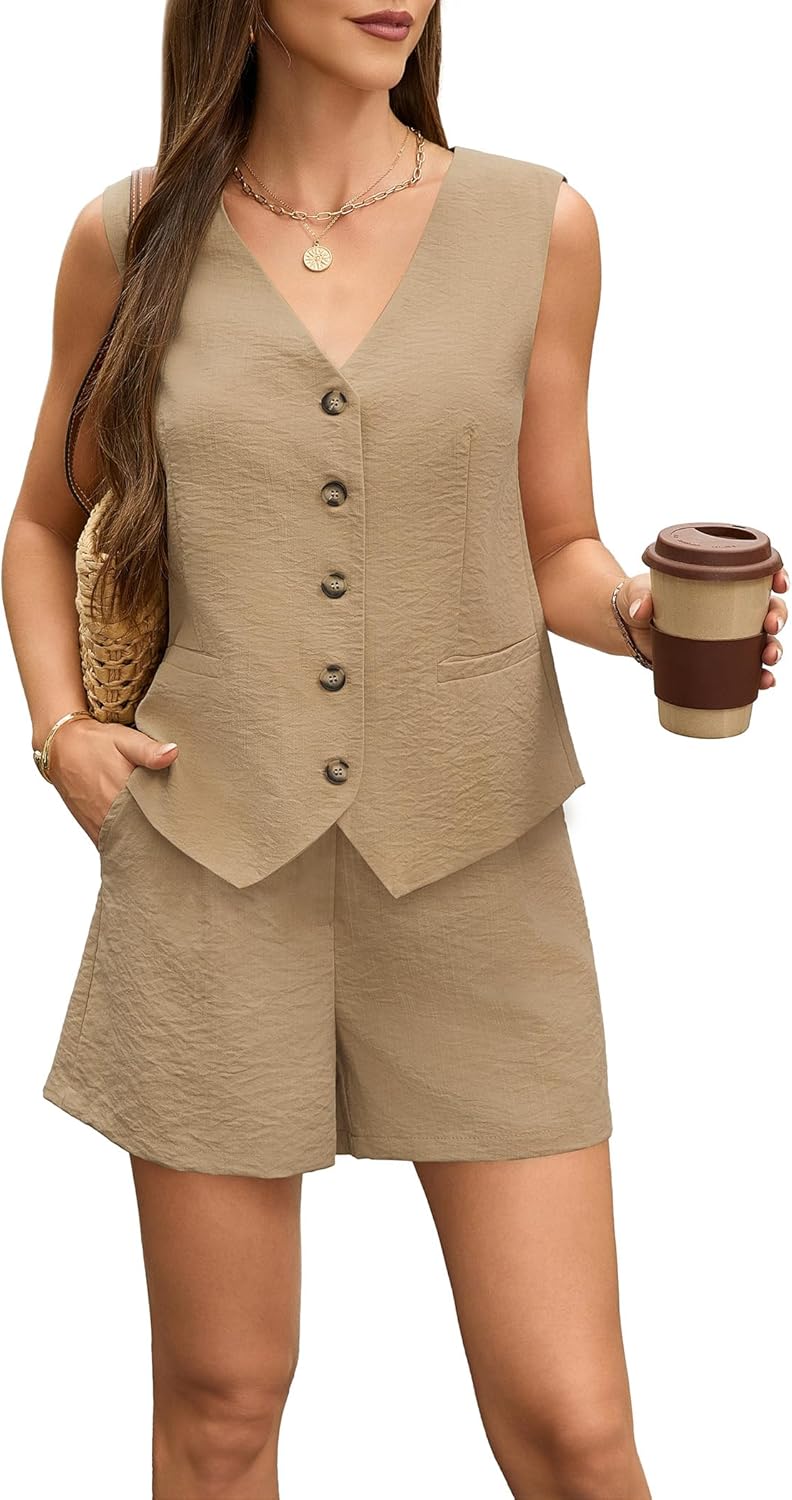 Women's Summer 2 Piece Sets Casual Outfits Sleeveless Matching Set Button Down V Neck Vest Waistcoat Pockets Shorts