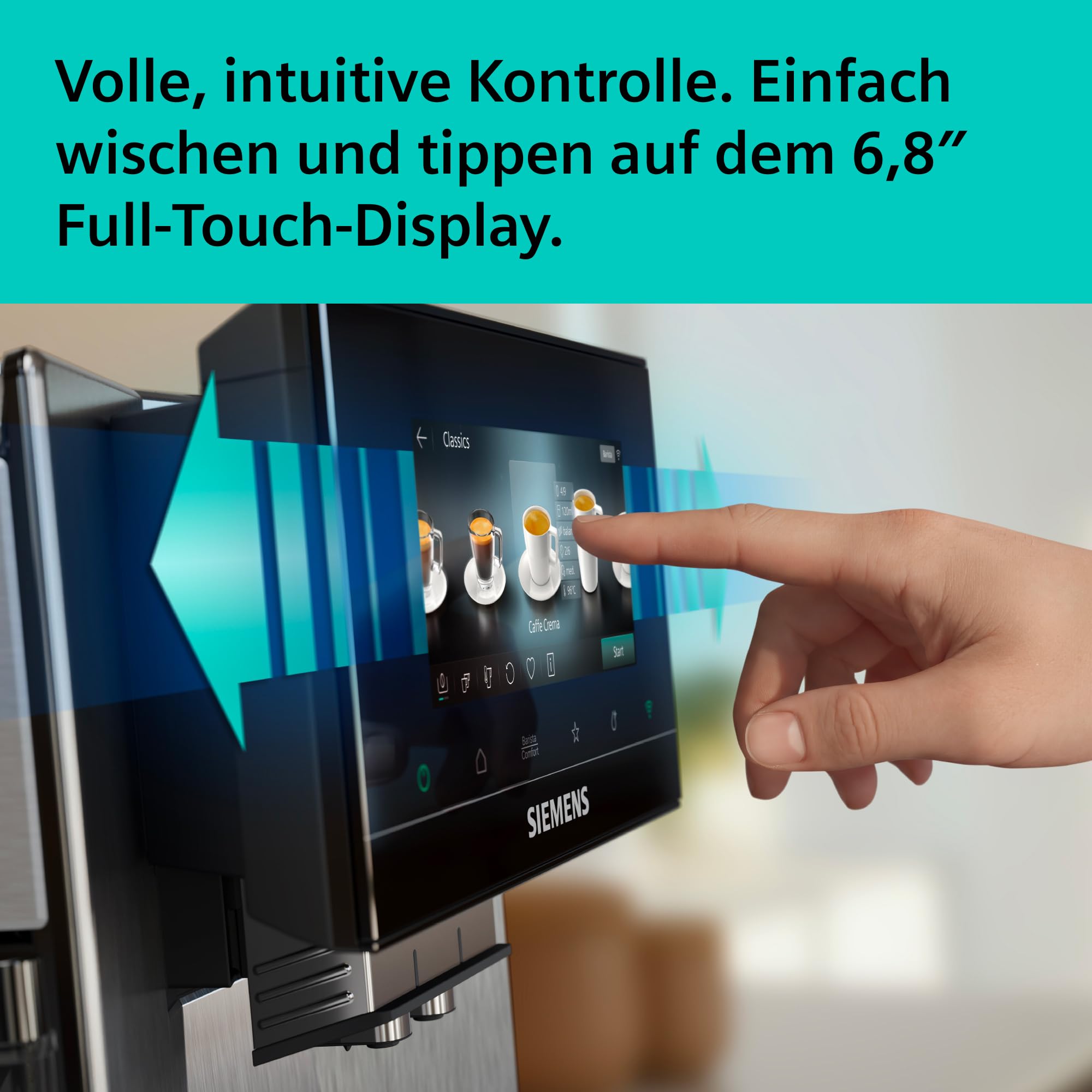 Siemens EQ900 Kaffeevollautomat iAroma, Full-Touch-Display, 2 Bohnenbehälter, Silber, TQ927E03