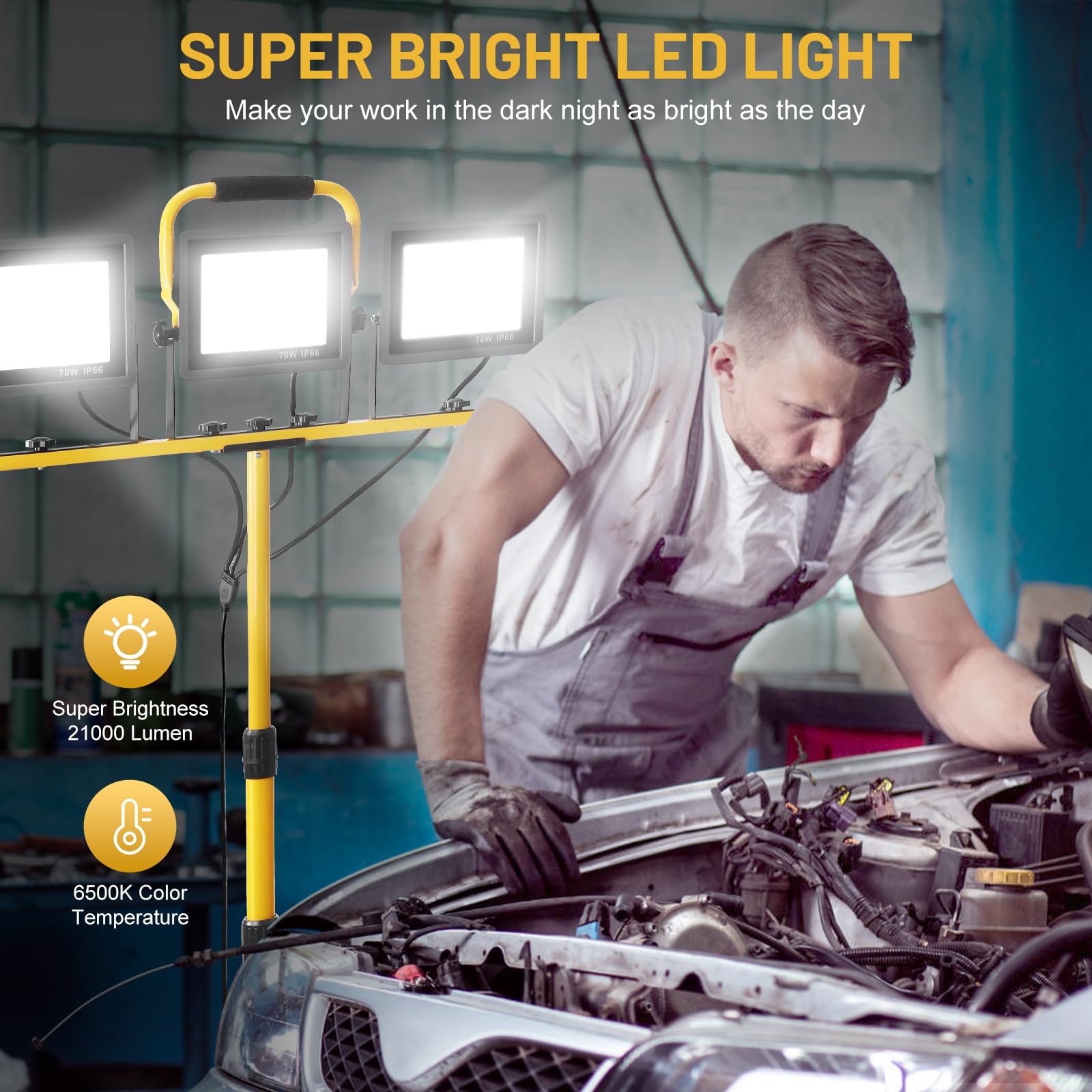 Yofuly Bouwlamp met statief 3x70W, LED-spot bouwplaatslamp 21000 lumen