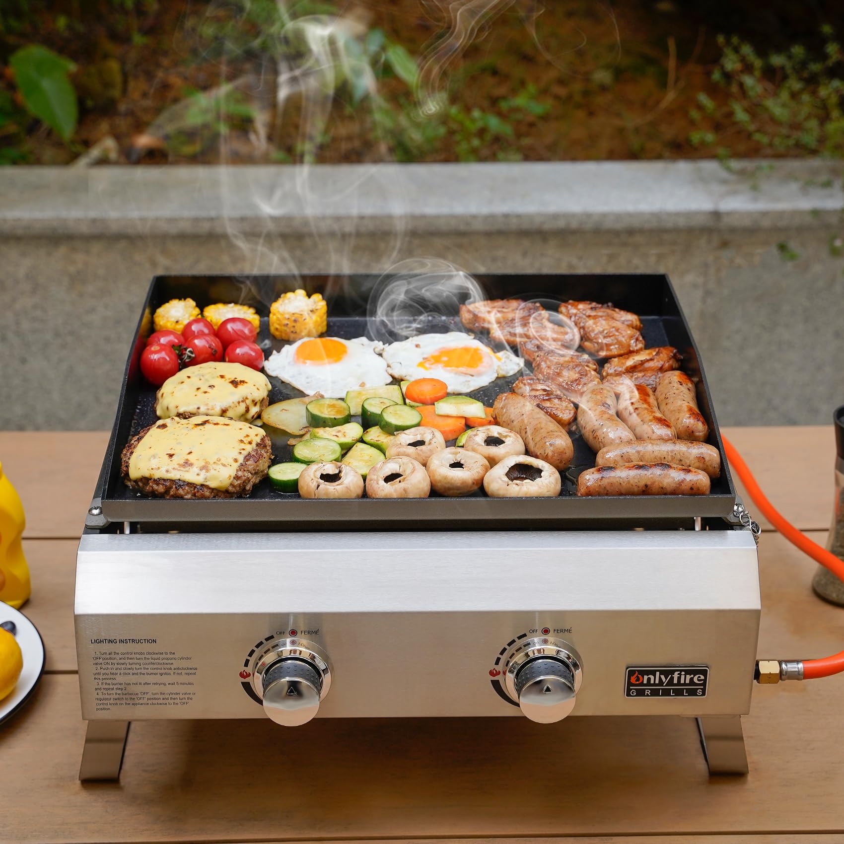 onlyfire Plancha à Gaz de Table en INOX, Barbecue Gaz avec 2 Brûleurs 4.7kW, Plancha 46x36cm avec Revêtement en Céramique Antiadhésif, Pieds Pliables pour Terrasse, Balcon et Camping