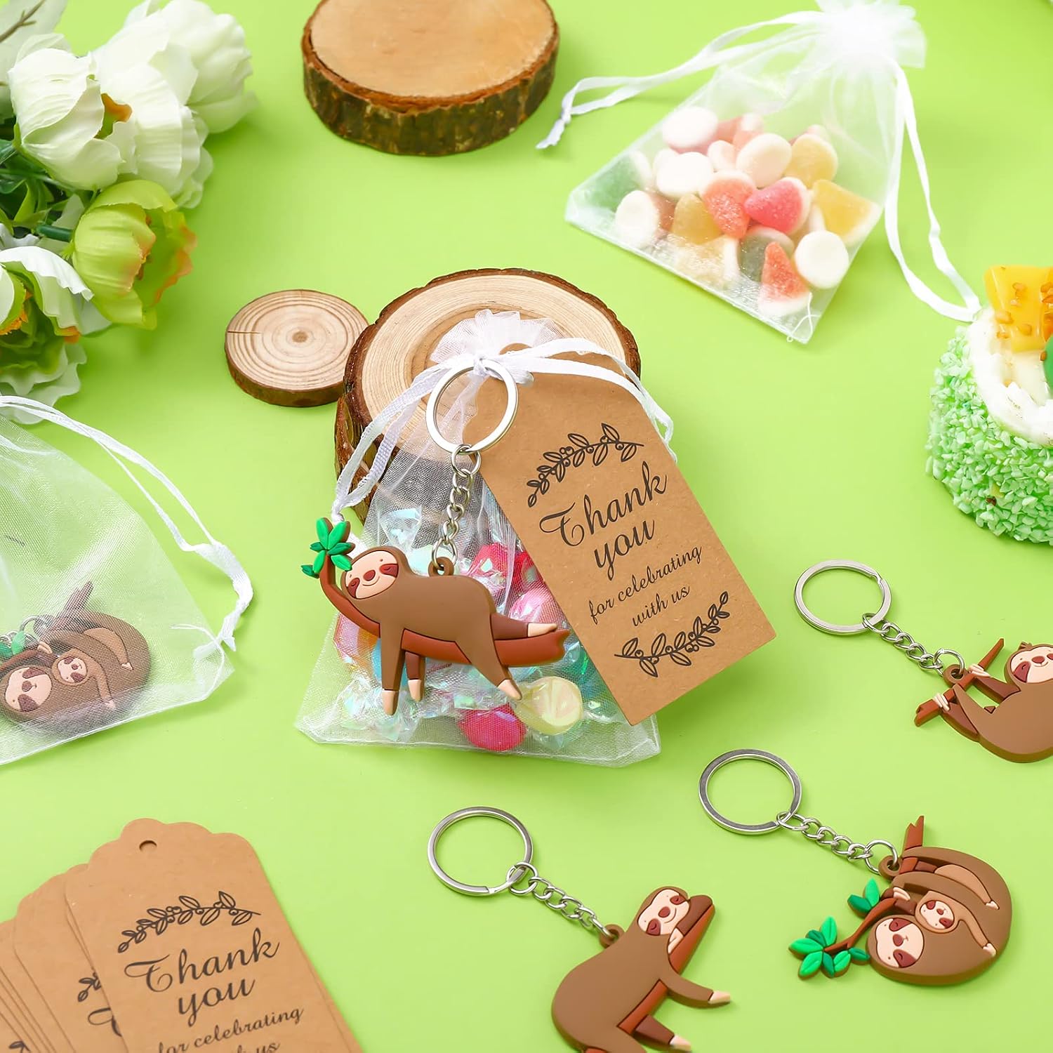 Fumete 72 Pcs Sloth Party Baby Shower Keychains Favors Funny Sloth with Thank Kraft Tags and Gift Bags for Party Return Gifts Birthday Supplies Goodie Bag Fillers