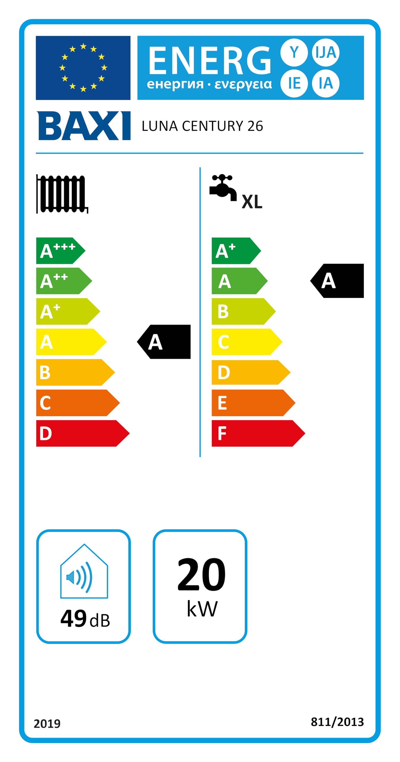 Baxi Luna Century 26 Caldaia a Condensazione Murale, a Metano/GPL/Aria Propanata, Riscaldamento e Acqua Calda Sanitaria, 76,3 x 45 x 33,4 Cm