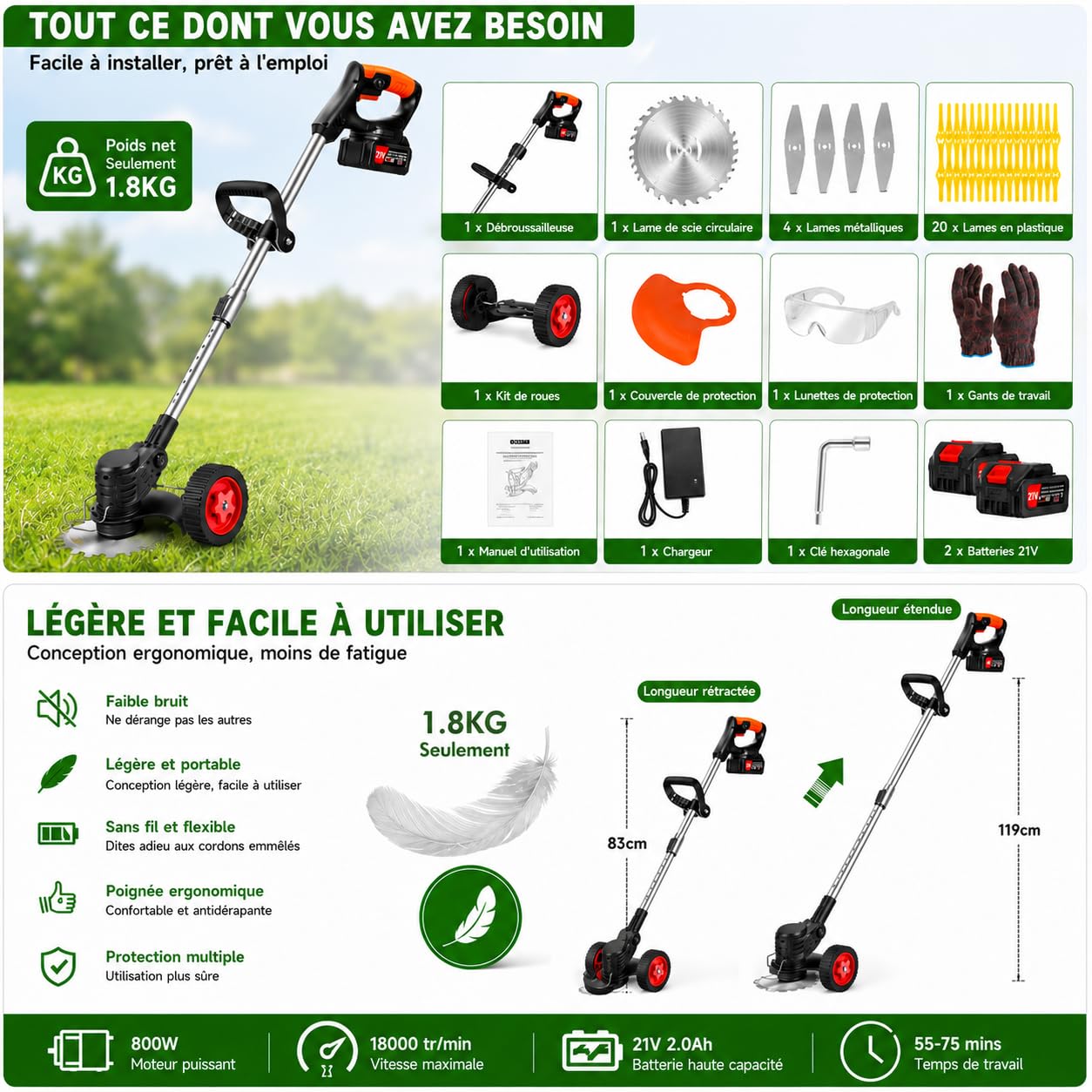 Decespugliatore elettrico con 2 batterie 21 V, 3 lame diverse, batteria con manicotto, ruote rimovibili regolabili, inclinazione regolabile di 90 gradi