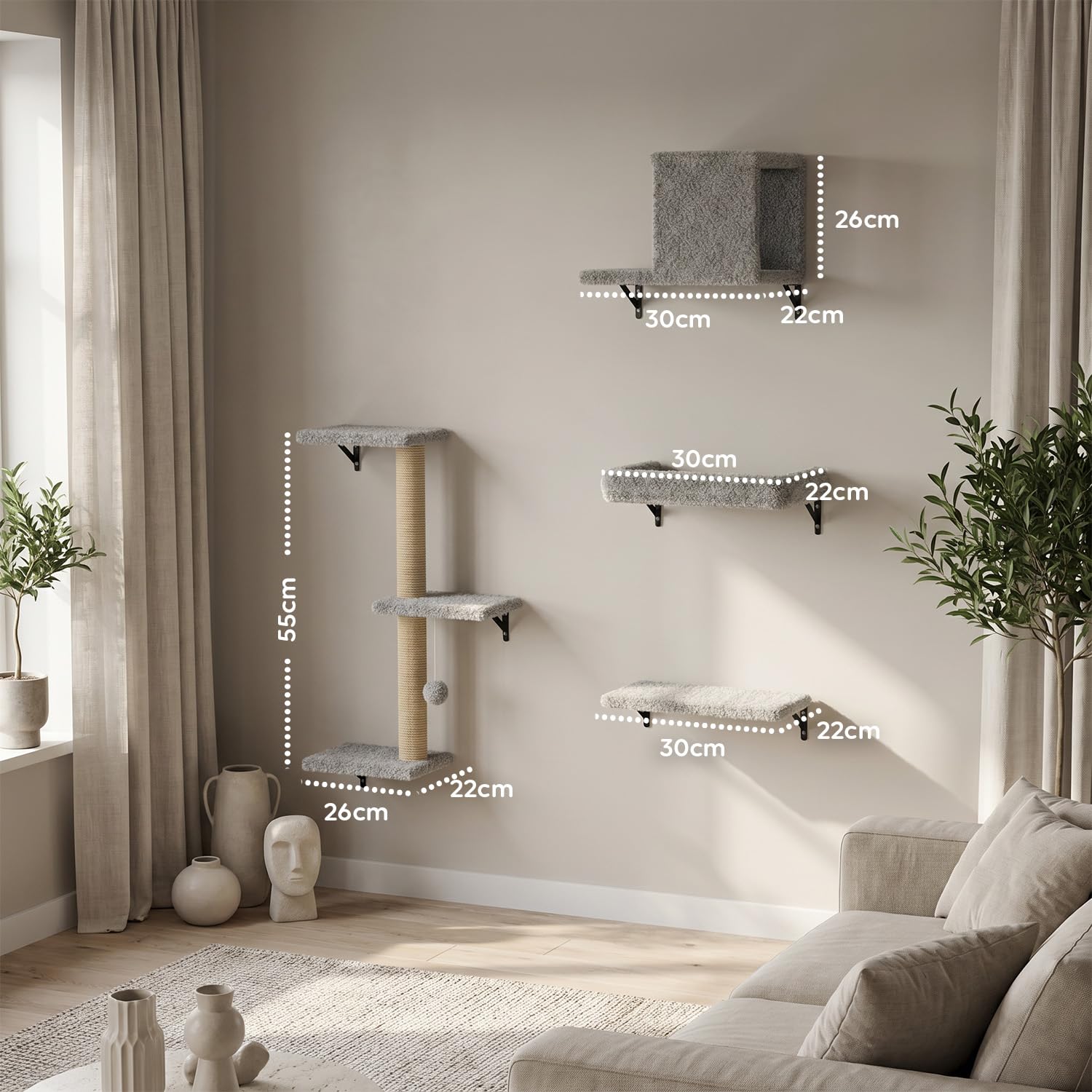Avilia - Parco Giochi Verticale da Parete per Gatti in Legno – Percorso Attrezzato con Mensole, Sisal e Tiragraffi – Arrampicata a Muro Salvaspazio con Rivestimento Morbido – Legno Naturale