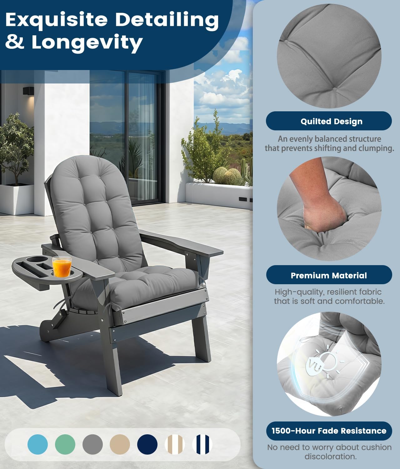 FOOWIN Adirondack Chair Cushion Set of 4, Thickened Rocking Chair Cushion,48.5×20.8×5.10 Inches,High Back Patio Cushions with Ties, Waterproof & UV-Protected, for Indoor and Outdoor,Grey