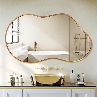 Dorlicecass 20x36 Gold Irregular Asymmetrical Wall Mirror - Decorative Tempered Glass Aluminum Frame for Bathroom Bedroom Living Room