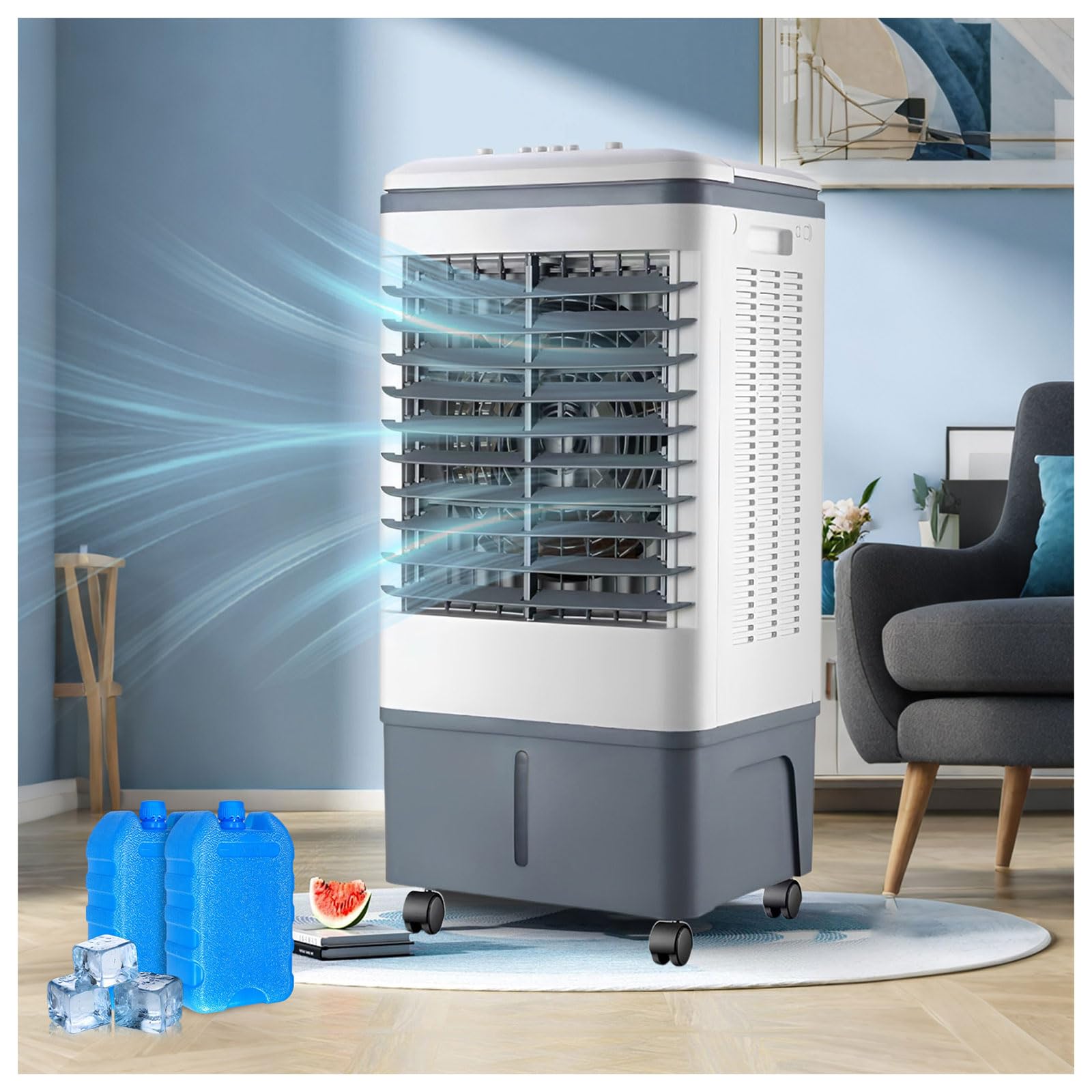 Myftnp ﻿Mobile Air Cooler Fan, Portable Evaporative Cooler Air Conditioner With 20L Water Tank, 3-Speed, 6 Ice Packs, For Home, Office & Garden, Easy To Use