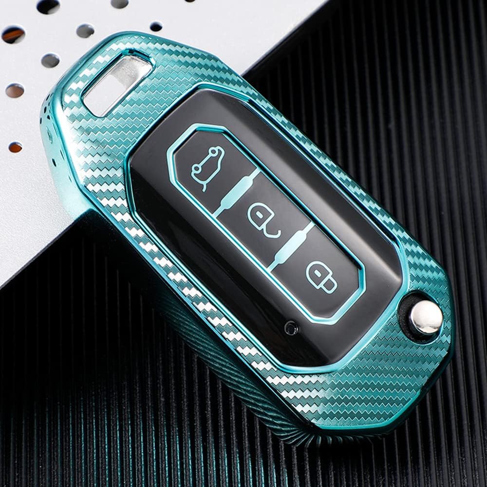 HIBEYO TPU Carbon Fiber Texture Car Key Fob Cover with Keychain fits for Ford Territory EV Car Key Case Cover Jacket Smart Remote Car Key Holder Shell 3 Button Green
