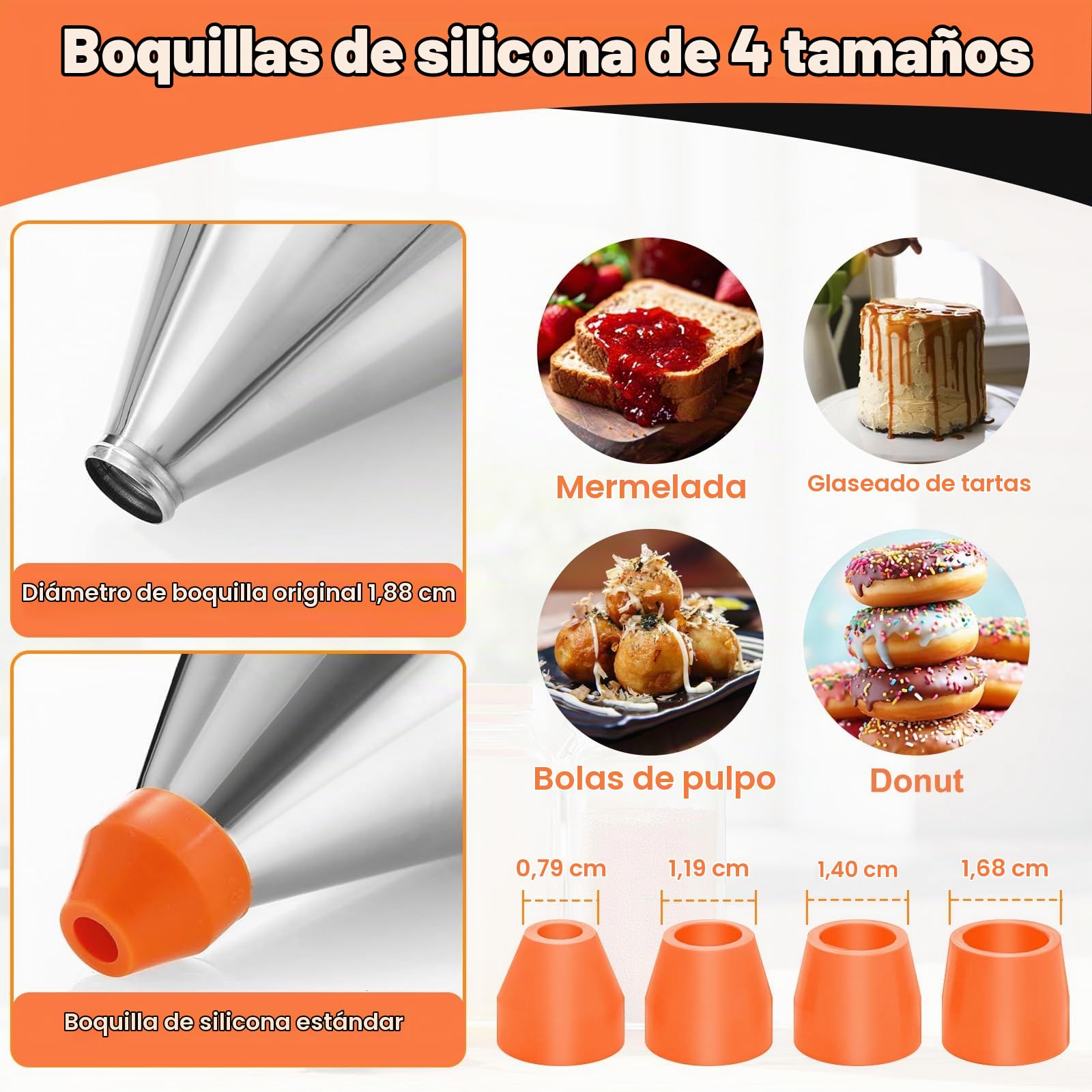 1200ml Dispensador Masa con Tapa & Soporte & 4 Boquillas Repuesto, Embudo Pistón Multi-Calibre, Herramientas Cocina Acero Inoxidable, Dispensador para Postres, Tortitas, Pastel, Panqueques