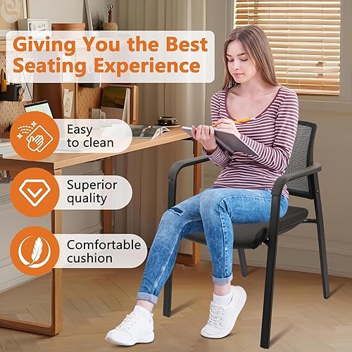 Miniatura 122 de CLATINA Silla de sala de espera negra con ruedas y respaldo de malla apilable con asiento de tela tapizado y soporte lumbar ergonómico para oficina